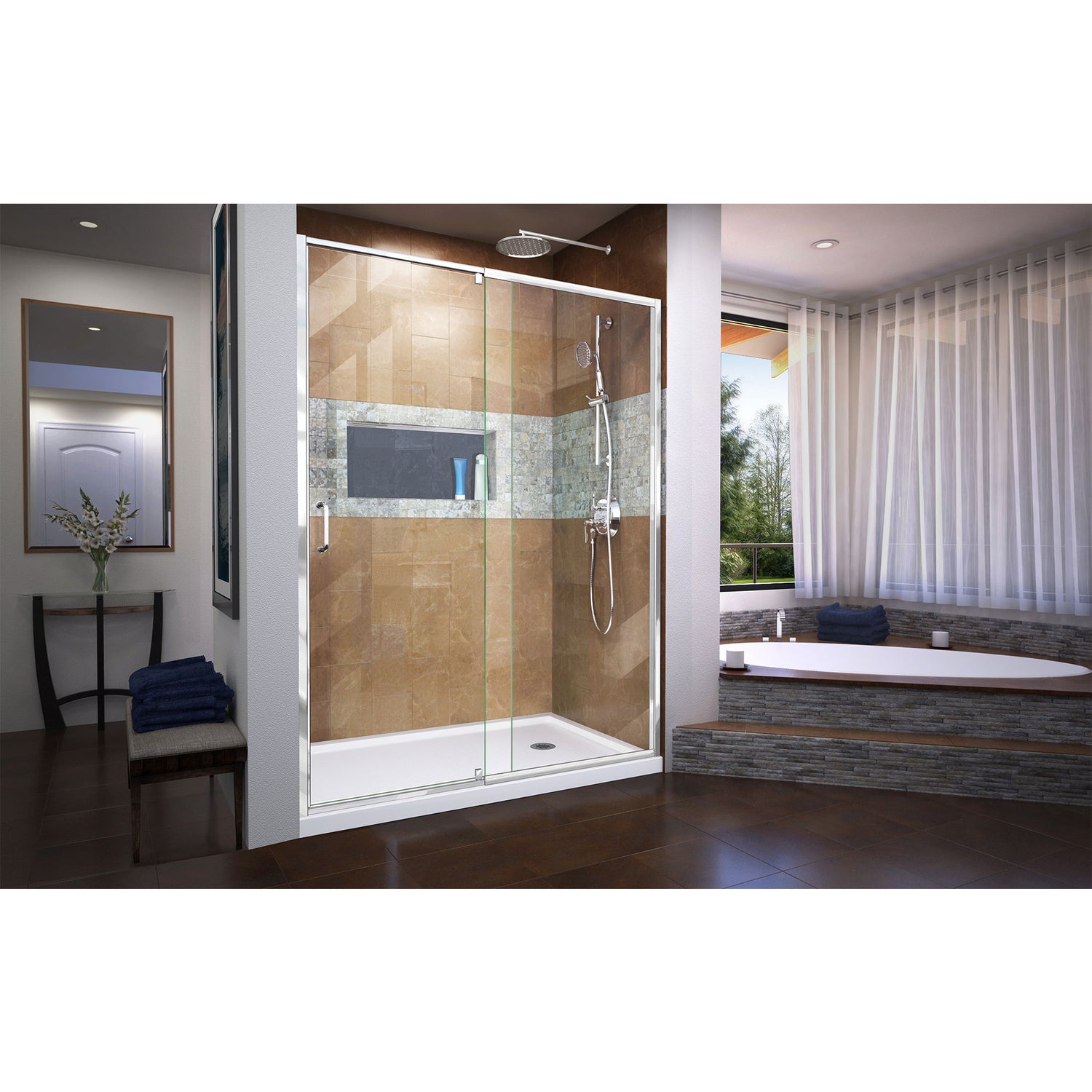 DreamLine Flex 34 in. D x 60 in. W x 74 3/4 in. H Semi-Frameless Pivot Shower Door in Chrome with Right Drain White Base Kit