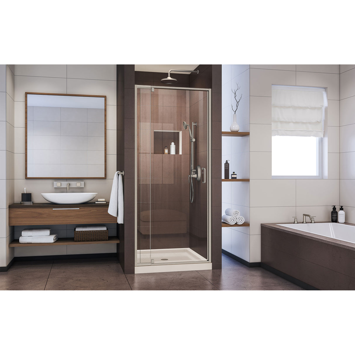 DreamLine Flex 36 in. D x 36 in. W x 74 3/4 in. H Semi-Frameless Pivot Shower Door in Brushed Nickel and Center Drain Biscuit Base