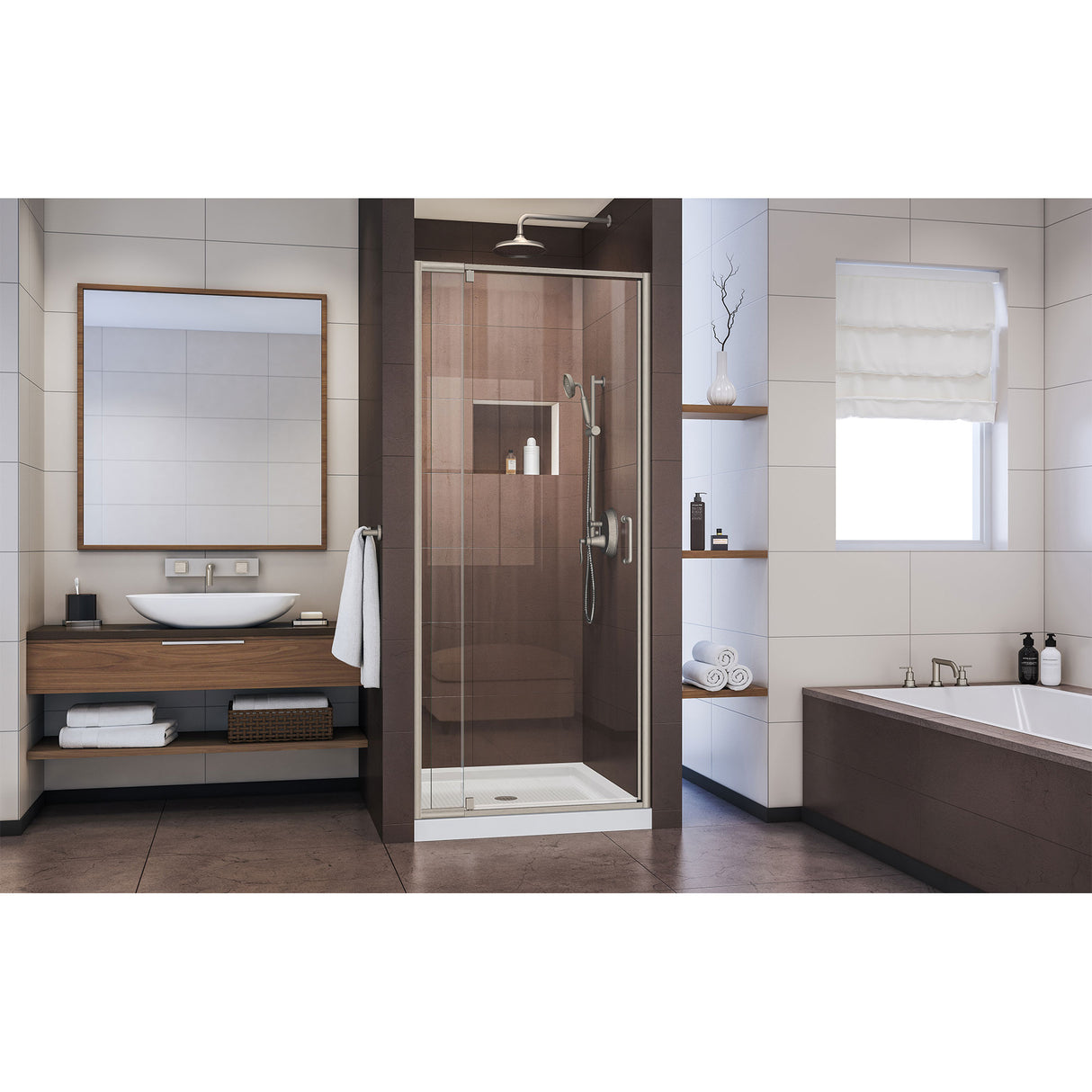 DreamLine Flex 36 in. D x 36 in. W x 74 3/4 in. H Semi-Frameless Pivot Shower Door in Brushed Nickel and Center Drain White Base