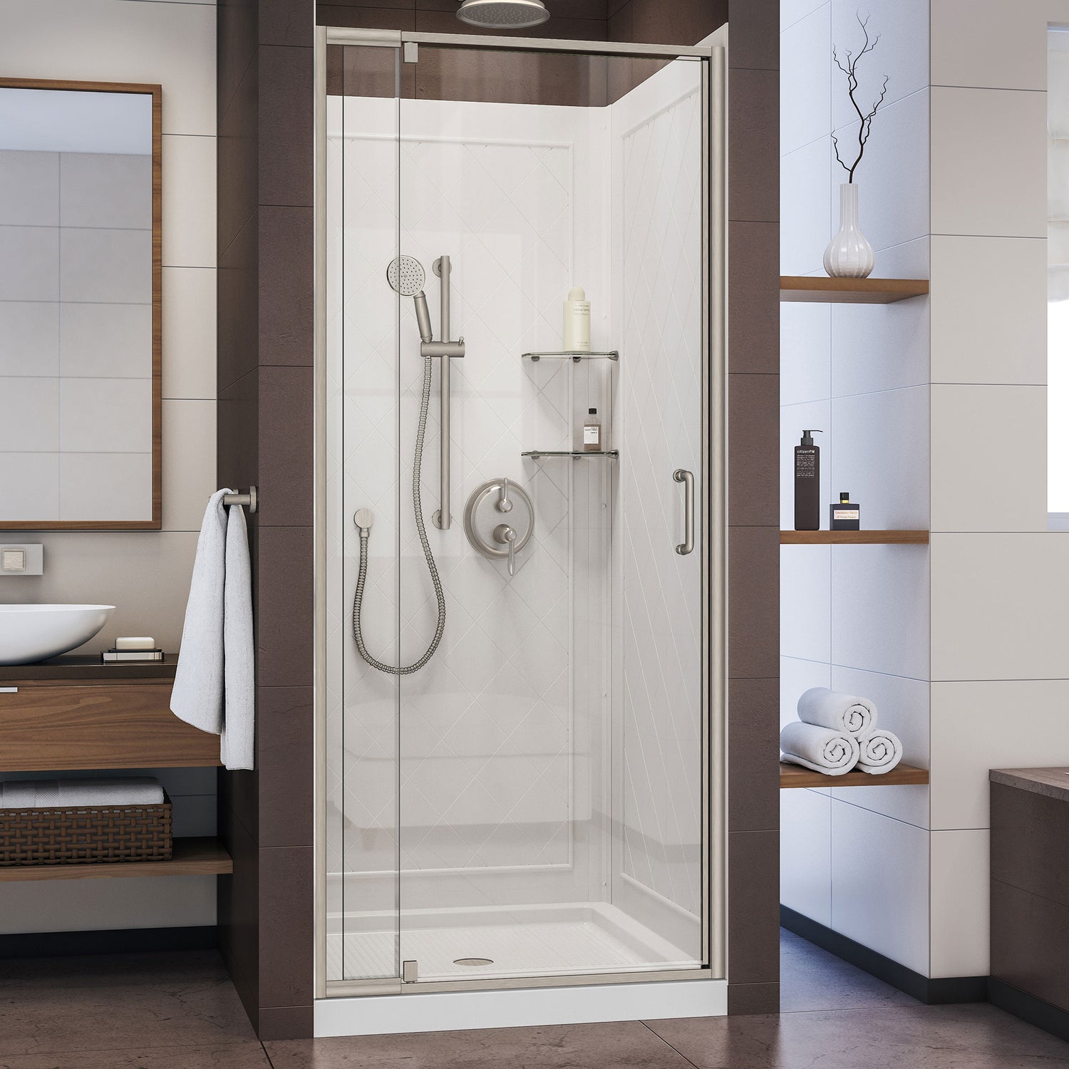 DreamLine Flex 32 in. D x 32 in. W x 76 3/4 in. H Semi-Frameless Shower Door in Brushed Nickel with White Base and Wall Kit