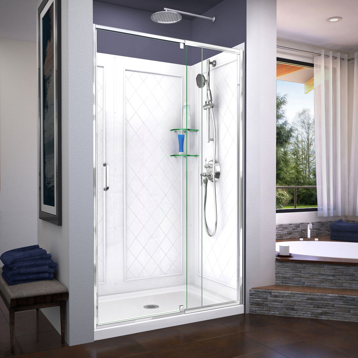 DreamLine Flex 36 in. D x 48 in. W x 76 3/4 in. H Semi-Frameless Shower Door in Chrome with Center Drain White Base and Wall Kit