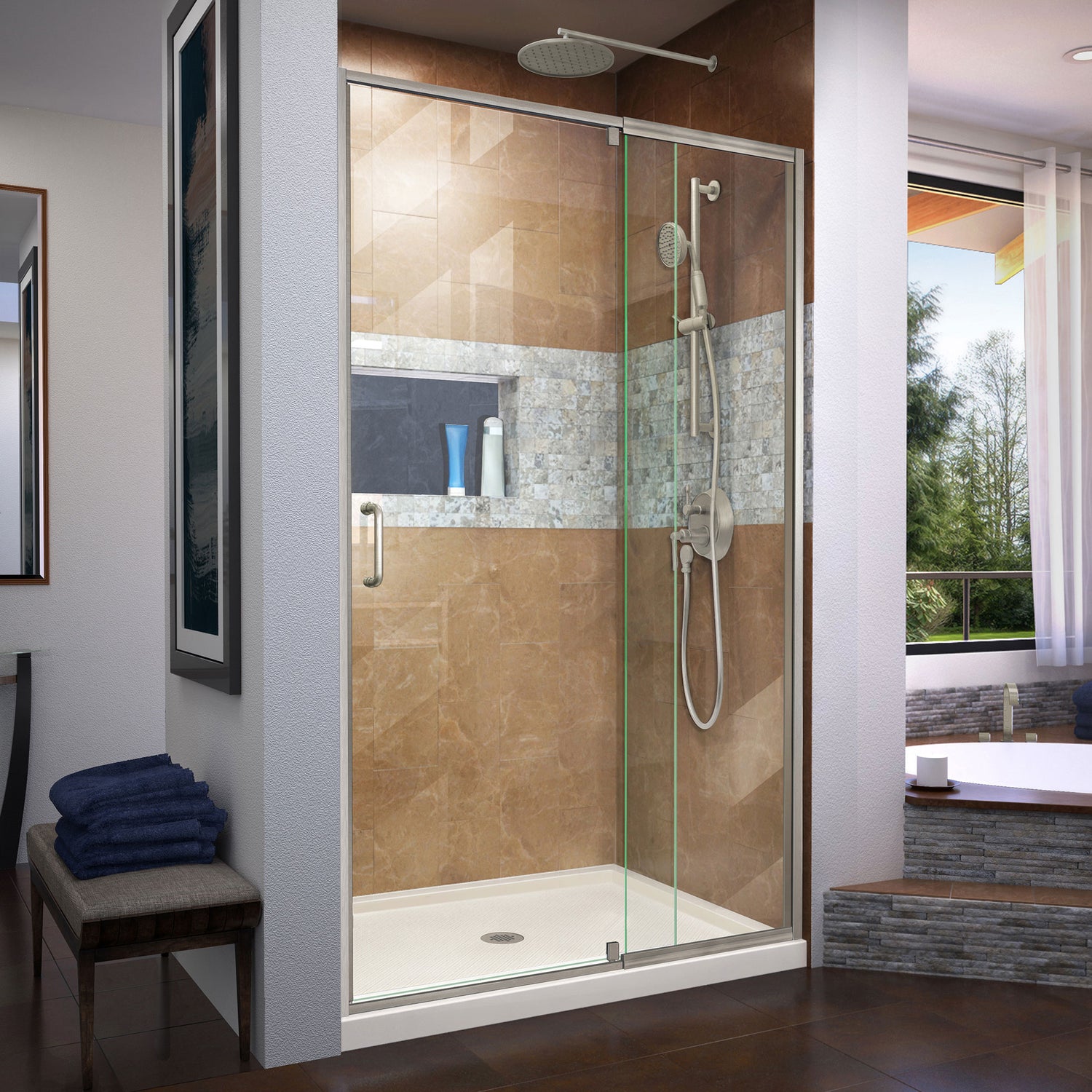 DreamLine Flex 36 in. D x 48 in. W x 74 3/4 in. H Semi-Frameless Shower Door in Brushed Nickel with Center Drain Biscuit Base Kit