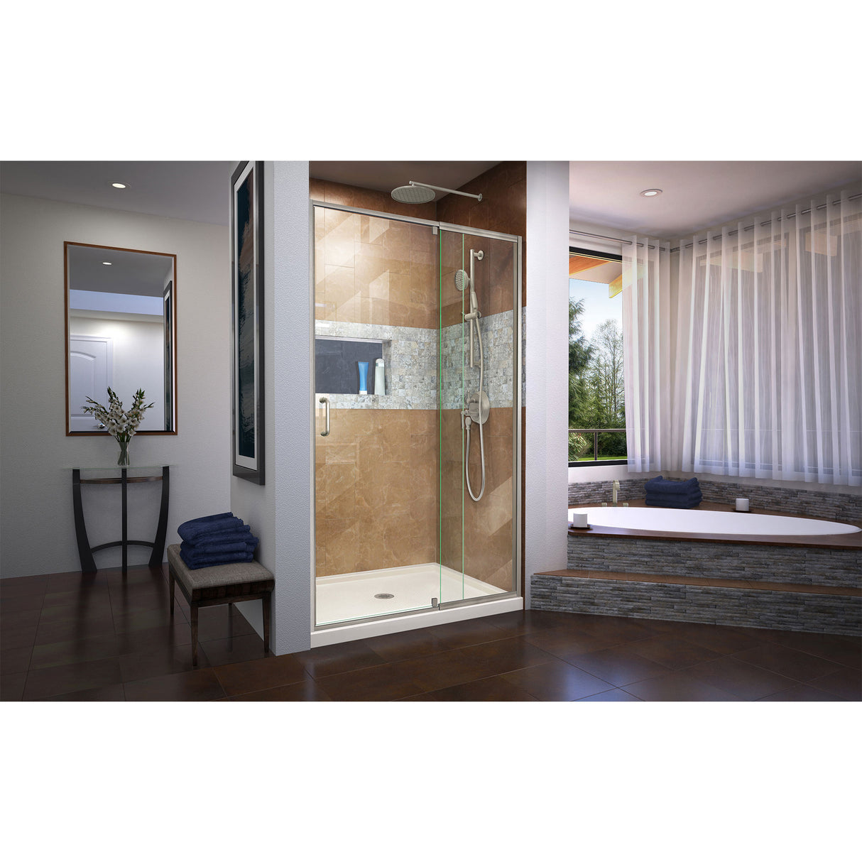 DreamLine Flex 34 in. D x 42 in. W x 74 3/4 in. H Semi-Frameless Shower Door in Brushed Nickel with Center Drain Biscuit Base Kit