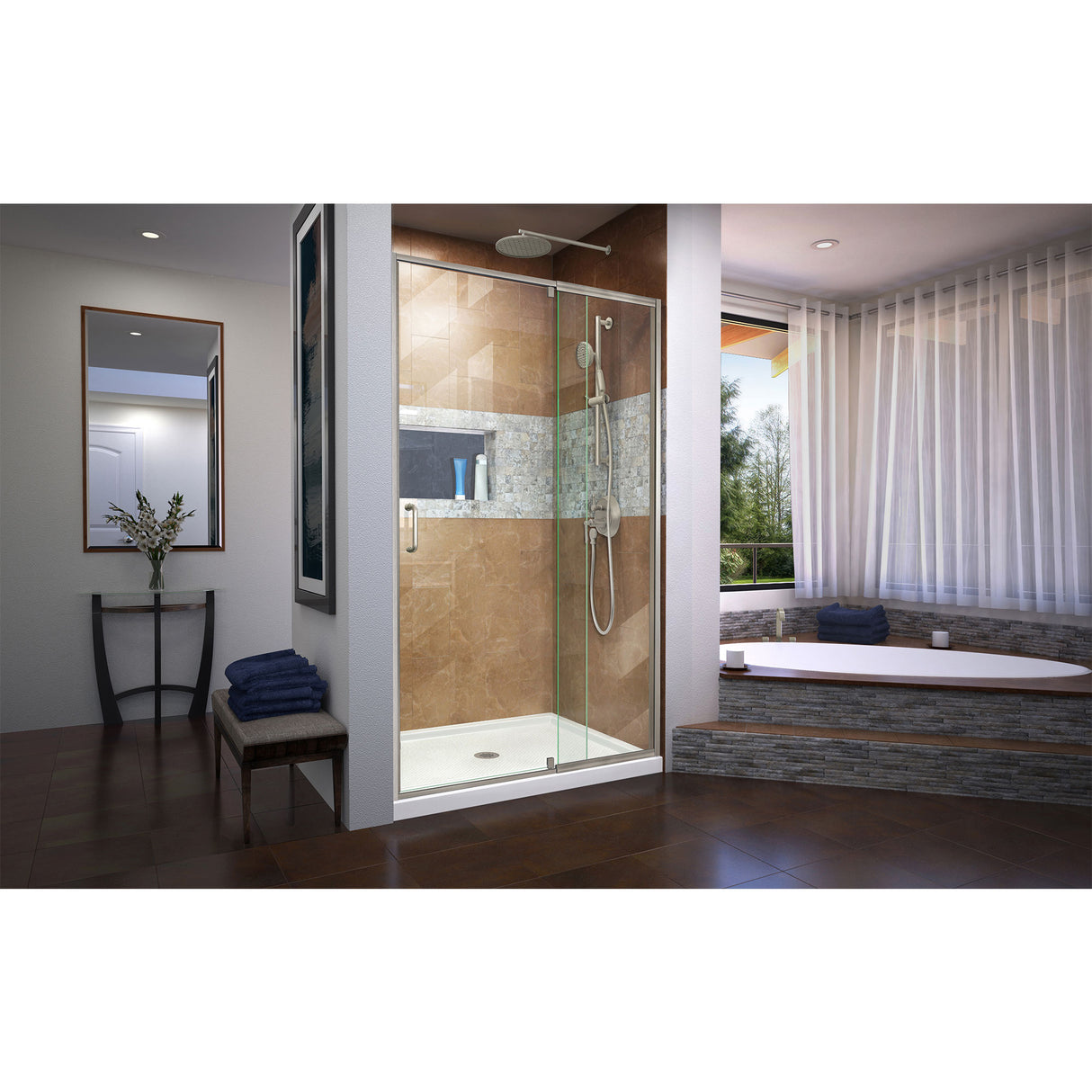 DreamLine Flex 32 in. D x 42 in. W x 74 3/4 in. H Semi-Frameless Shower Door in Brushed Nickel with Center Drain White Base Kit