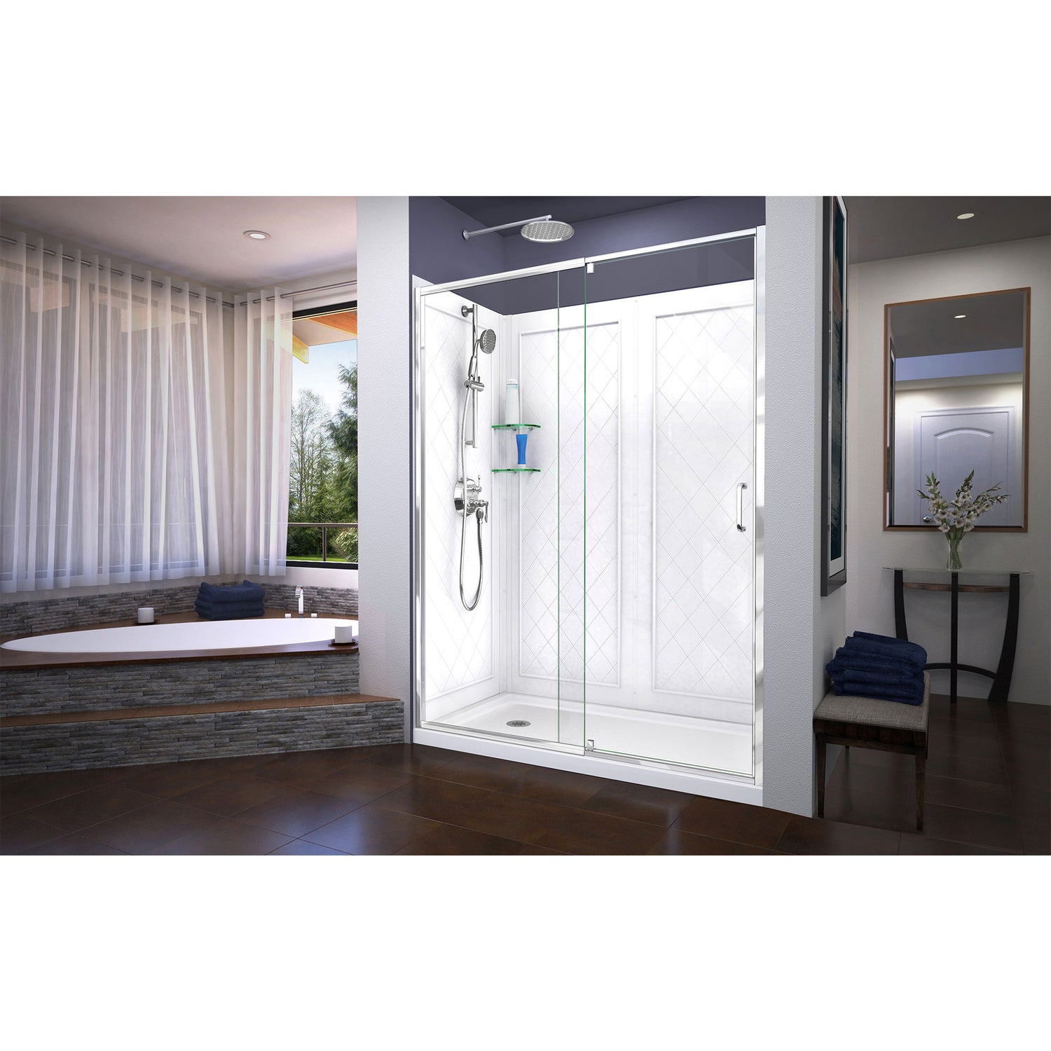 DreamLine Flex 34 in. D x 60 in. W x 76 3/4 in. H Semi-Frameless Shower Door in Chrome with Left Drain White Base and Wall Kit