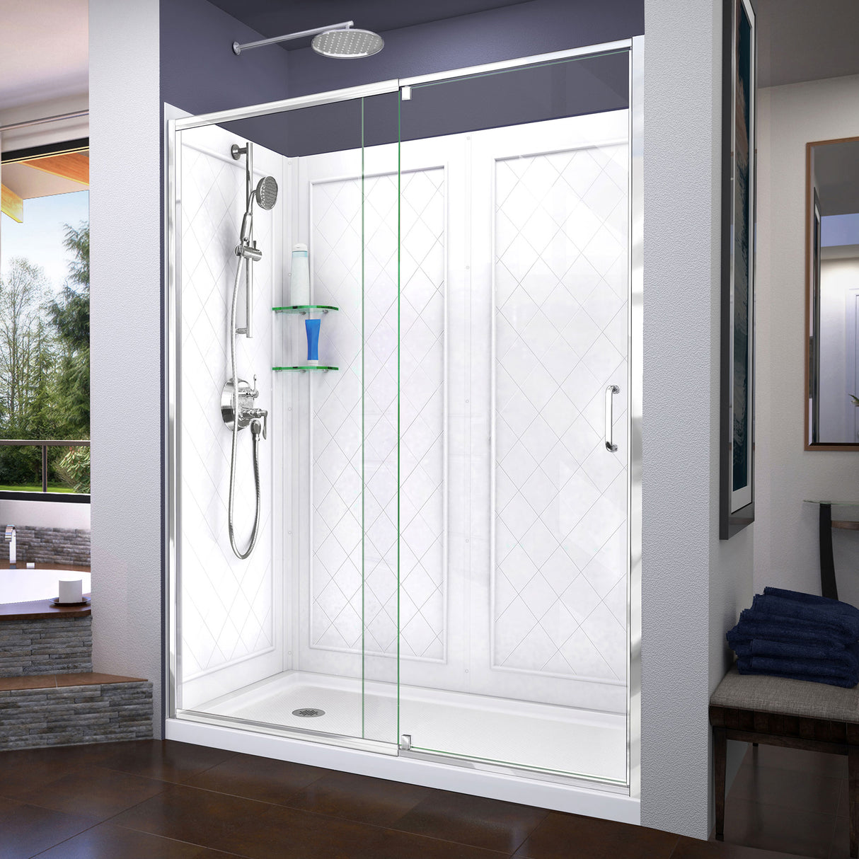 DreamLine Flex 36 in. D x 60 in. W x 76 3/4 in. H Semi-Frameless Shower Door in Chrome with Left Drain White Base and Wall Kit