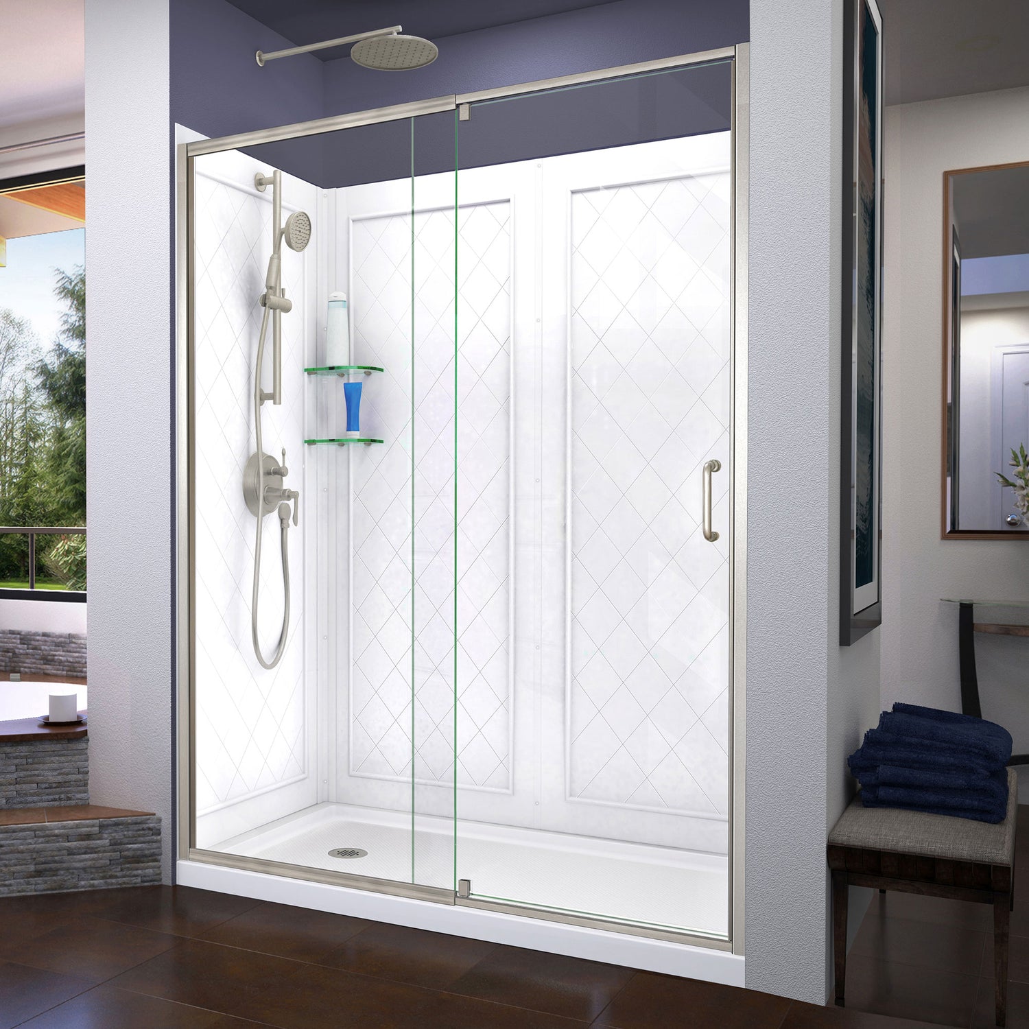DreamLine Flex 36 in. D x 60 in. W x 76 3/4 in. H Semi-Frameless Shower Door in Brushed Nickel with Left Drain Base and Wall Kit