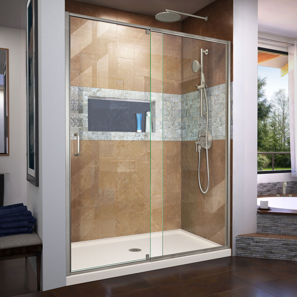 DreamLine Flex 32 in. D x 60 in. W x 74 3/4 in. H Semi-Frameless Shower Door in Brushed Nickel with Center Drain Biscuit Base Kit