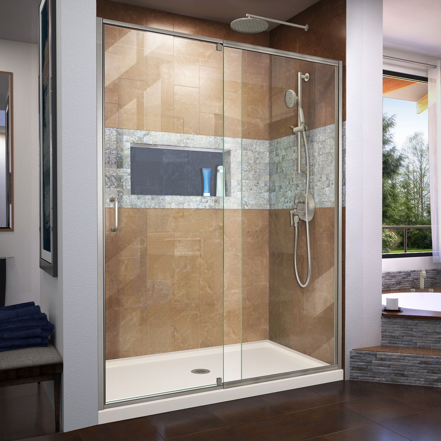 DreamLine Flex 36 in. D x 60 in. W x 74 3/4 in. H Semi-Frameless Shower Door in Brushed Nickel with Center Drain Biscuit Base Kit