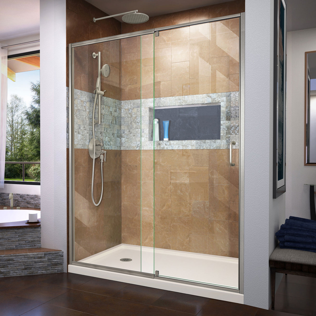 DreamLine Flex 36 in. D x 60 in. W x 74 3/4 in. H Semi-Frameless Shower Door in Brushed Nickel with Left Drain Biscuit Base Kit