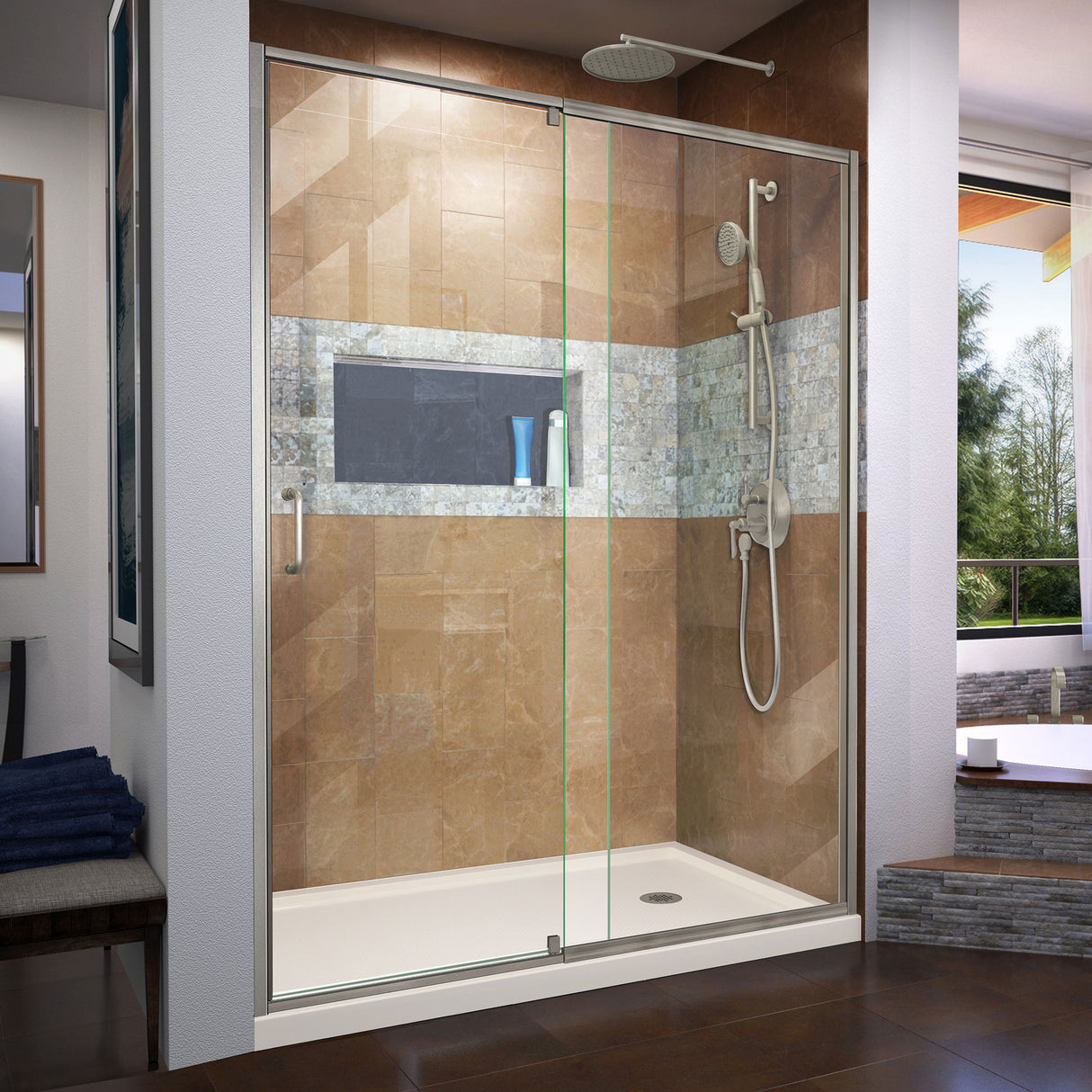 DreamLine Flex 32 in. D x 60 in. W x 74 3/4 in. H Semi-Frameless Shower Door in Brushed Nickel with Right Drain Biscuit Base Kit