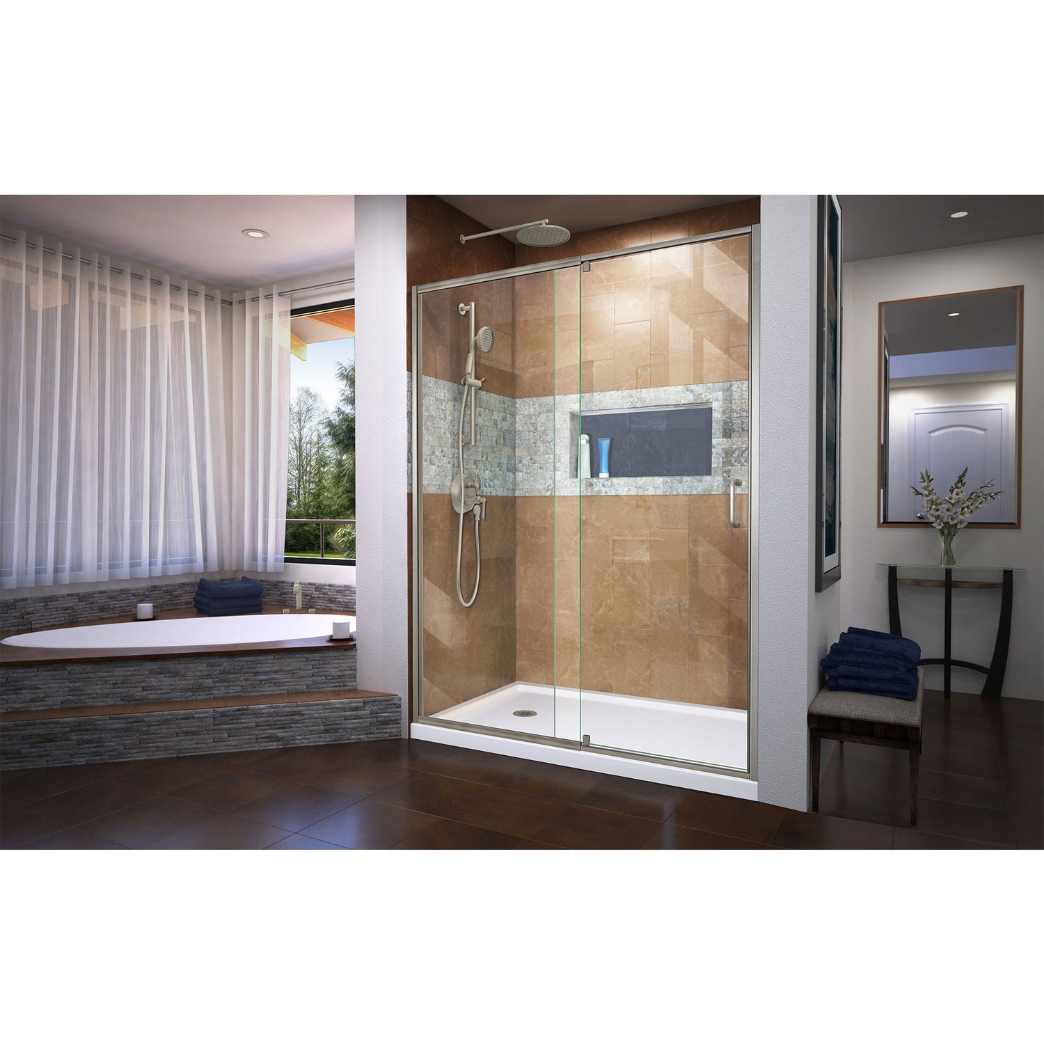 DreamLine Flex 34 in. D x 60 in. W x 74 3/4 in. H Semi-Frameless Shower Door in Brushed Nickel with Left Drain White Base Kit