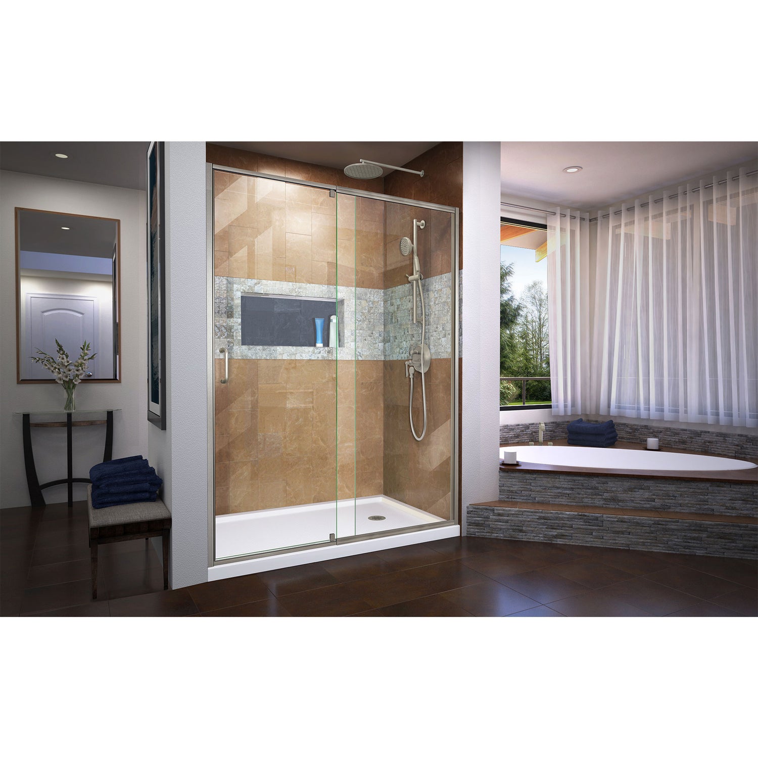 DreamLine Flex 34 in. D x 60 in. W x 74 3/4 in. H Semi-Frameless Shower Door in Brushed Nickel with Right Drain White Base Kit