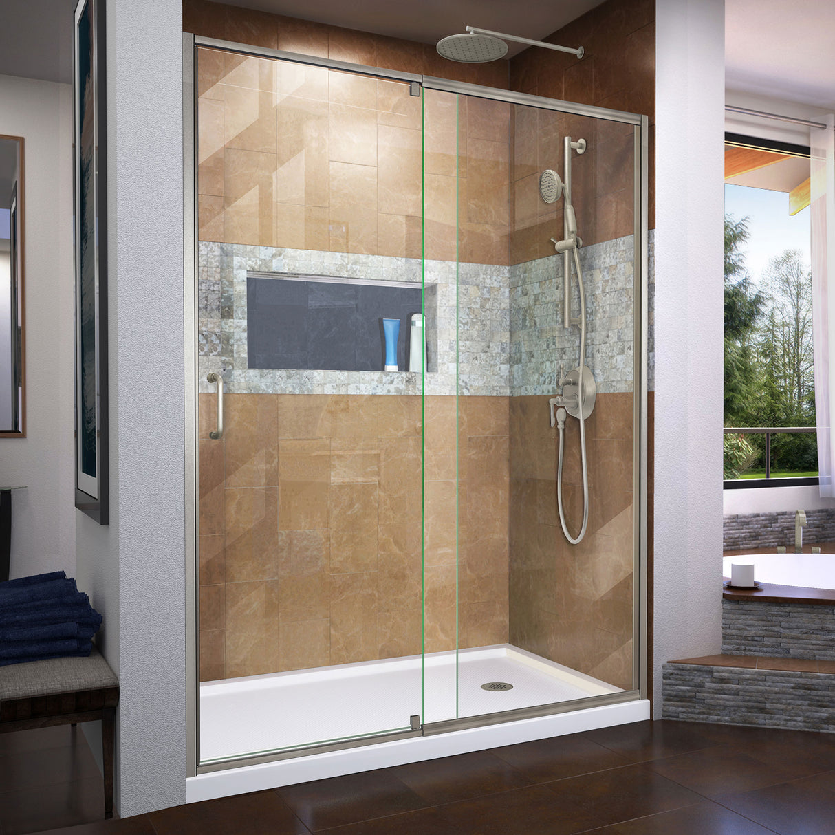 DreamLine Flex 30 in. D x 60 in. W x 74 3/4 in. H Semi-Frameless Shower Door in Brushed Nickel with Right Drain White Base Kit