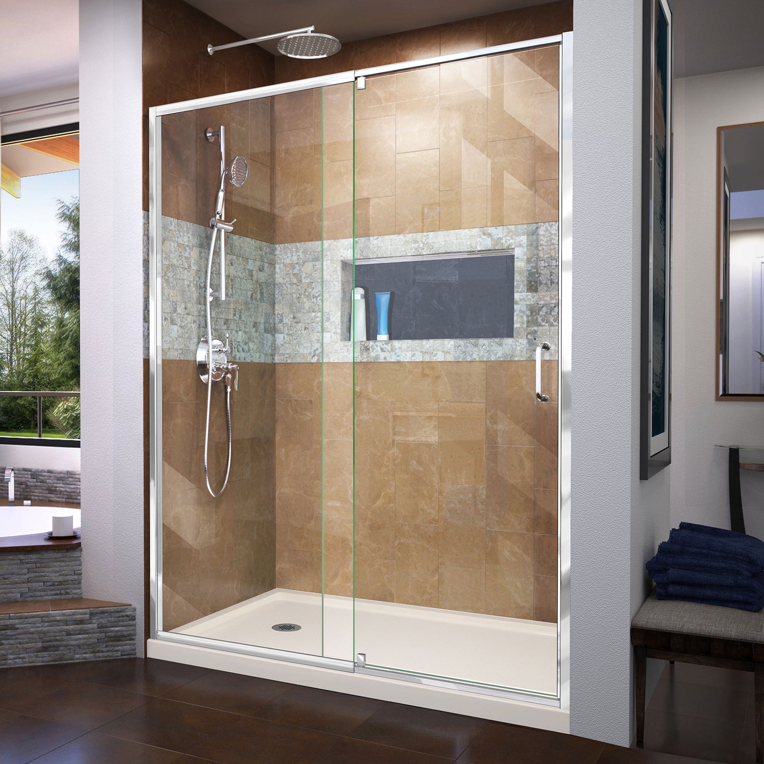 DreamLine Flex 34 in. D x 60 in. W x 74 3/4 in. H Semi-Frameless Pivot Shower Door in Chrome with Left Drain Biscuit Base Kit