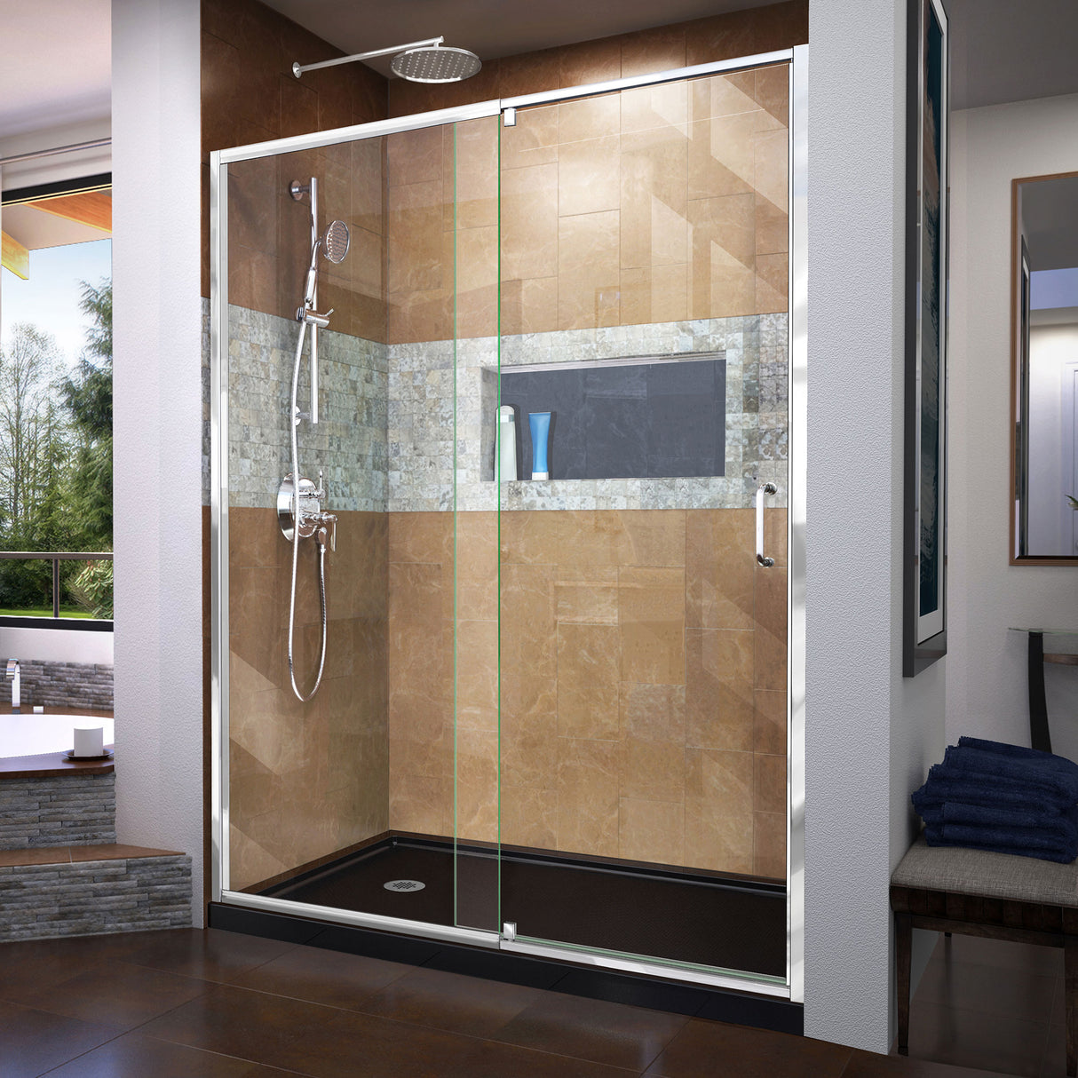 DreamLine Flex 36 in. D x 60 in. W x 74 3/4 in. H Semi-Frameless Pivot Shower Door in Chrome with Left Drain Black Base Kit
