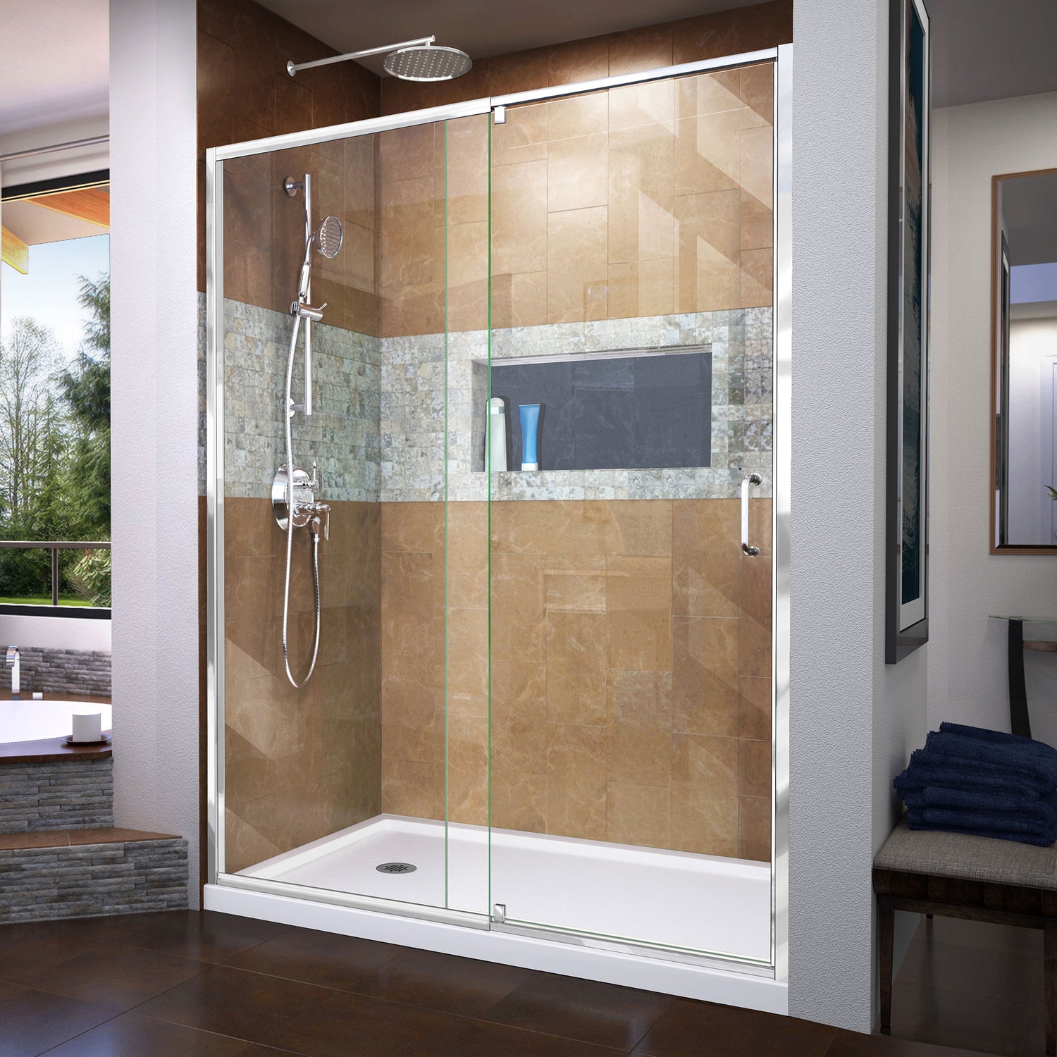 DreamLine Flex 32 in. D x 60 in. W x 74 3/4 in. H Semi-Frameless Pivot Shower Door in Chrome with Left Drain White Base Kit