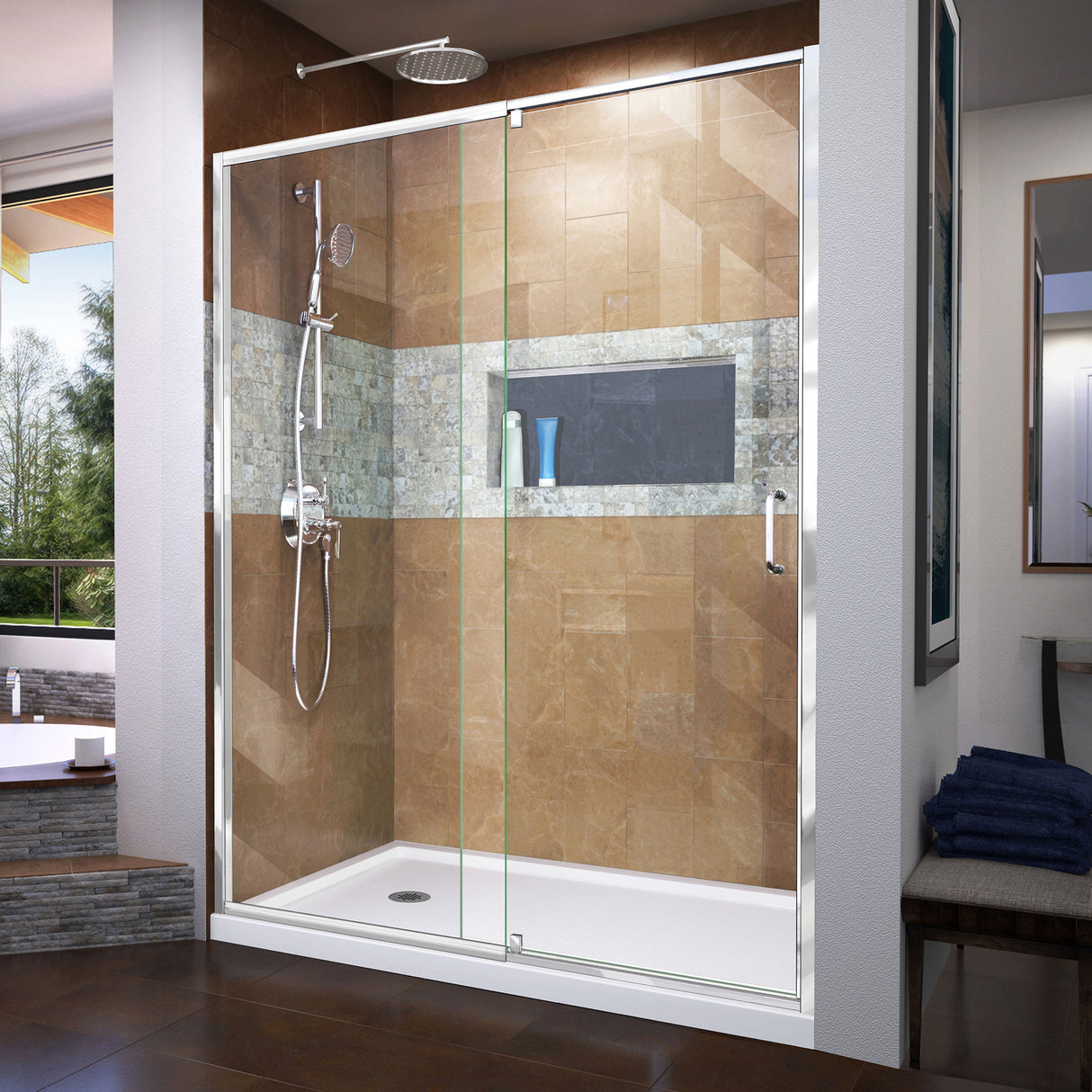 DreamLine Flex 34 in. D x 60 in. W x 74 3/4 in. H Semi-Frameless Pivot Shower Door in Chrome with Left Drain White Base Kit