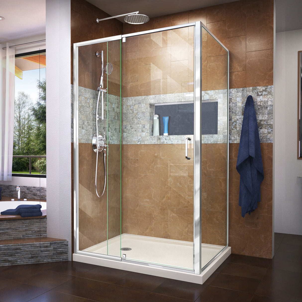 DreamLine Flex 36 in. D x 48 in. W x 74 3/4 in. H Semi-Frameless Pivot Shower Enclosure in Chrome with Left Drain Biscuit Base Kit