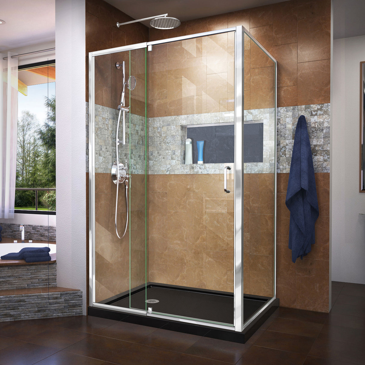 DreamLine Flex 36 in. D x 48 in. W x 74 3/4 in. H Semi-Frameless Pivot Shower Enclosure in Chrome with Left Drain Black Base Kit