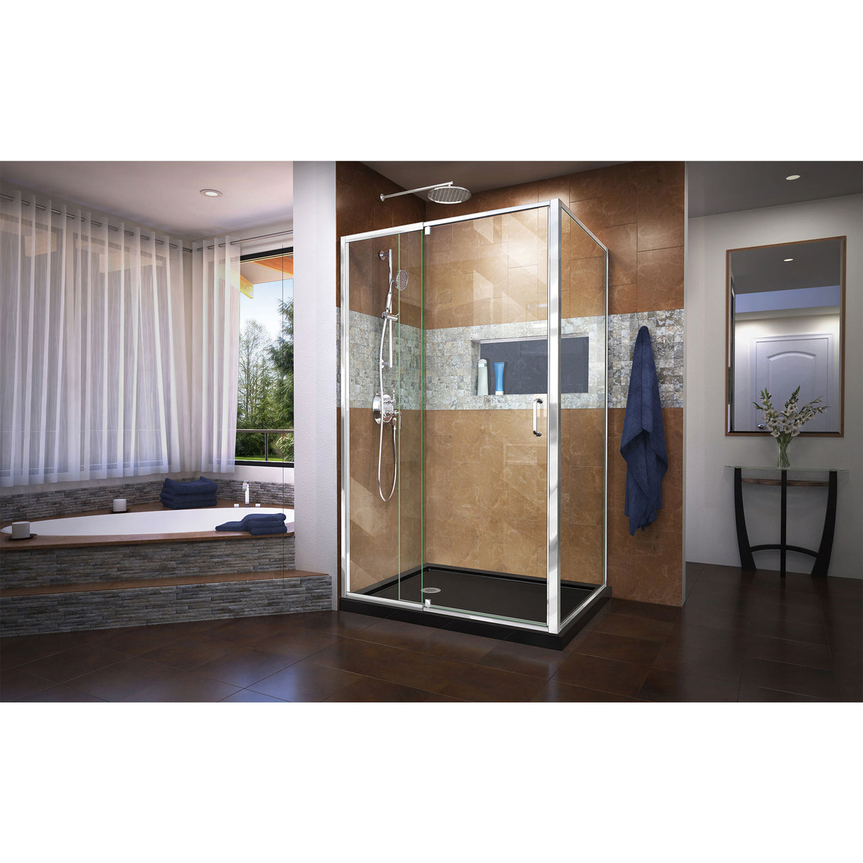 DreamLine Flex 36 in. D x 48 in. W x 74 3/4 in. H Semi-Frameless Pivot Shower Enclosure in Chrome with Left Drain Black Base Kit