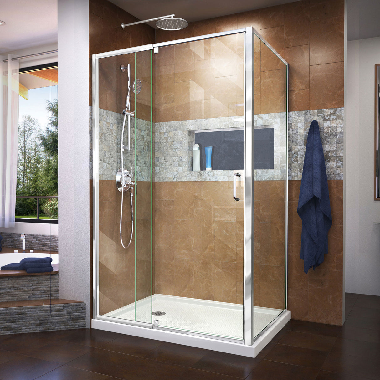 DreamLine Flex 36 in. D x 48 in. W x 74 3/4 in. H Semi-Frameless Pivot Shower Enclosure in Chrome with Left Drain White Base Kit
