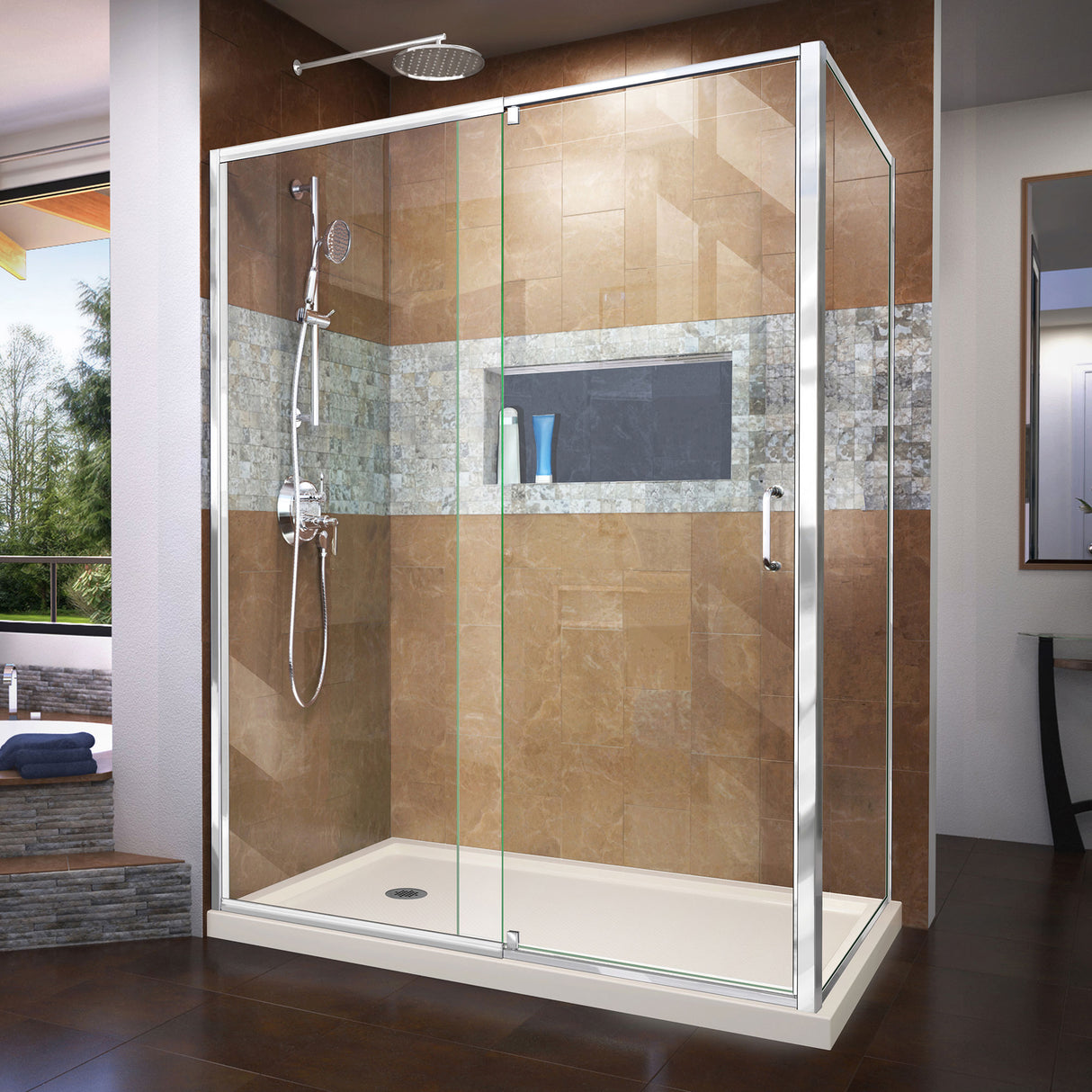 DreamLine Flex 36 in. D x 60 in. W x 74 3/4 in. H Semi-Frameless Pivot Shower Enclosure in Chrome with Left Drain Biscuit Base Kit
