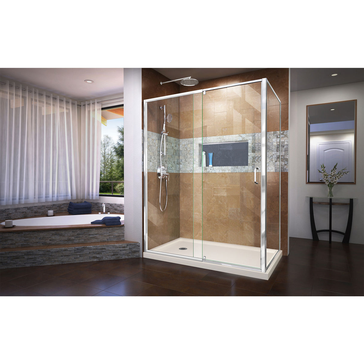 DreamLine Flex 36 in. D x 60 in. W x 74 3/4 in. H Semi-Frameless Pivot Shower Enclosure in Chrome with Left Drain Biscuit Base Kit