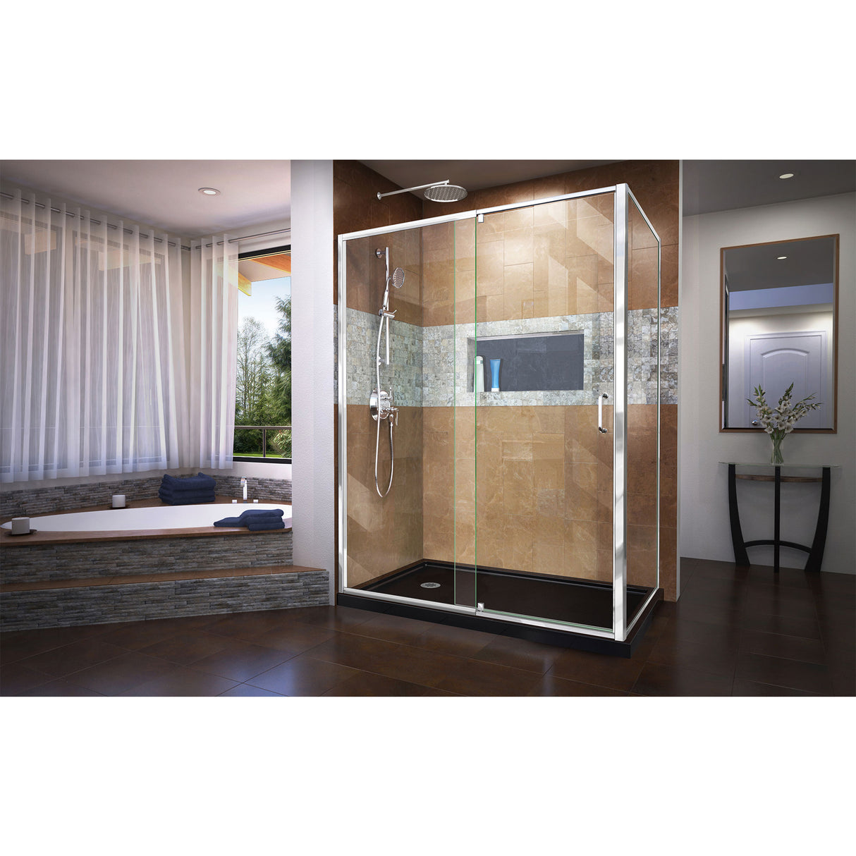 DreamLine Flex 36 in. D x 60 in. W x 74 3/4 in. H Semi-Frameless Pivot Shower Enclosure in Chrome with Left Drain Black Base Kit