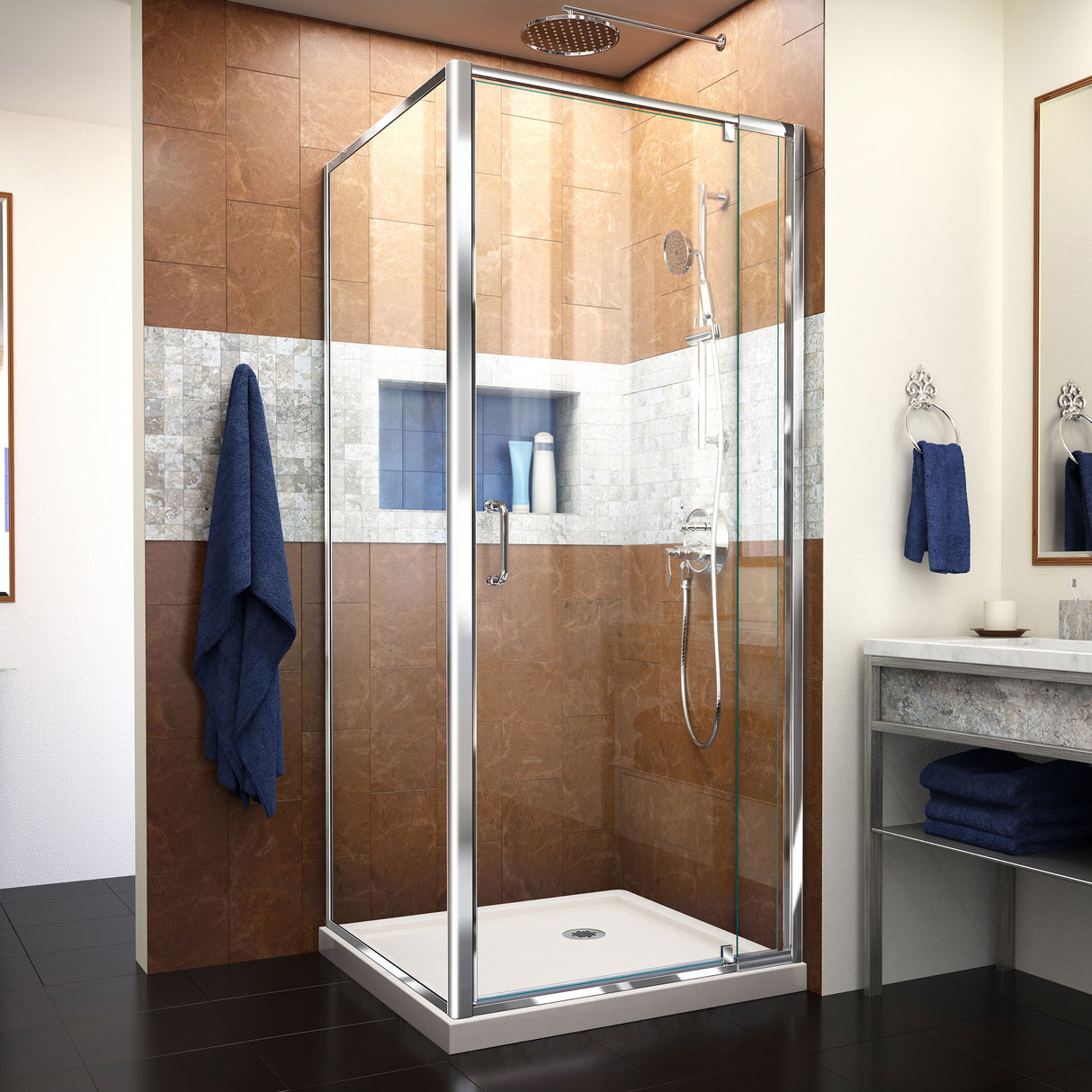DreamLine Flex 32 in. D x 32 in. W x 74 3/4 in. H Semi-Frameless Pivot Shower Enclosure in Chrome with Corner Drain Biscuit Base