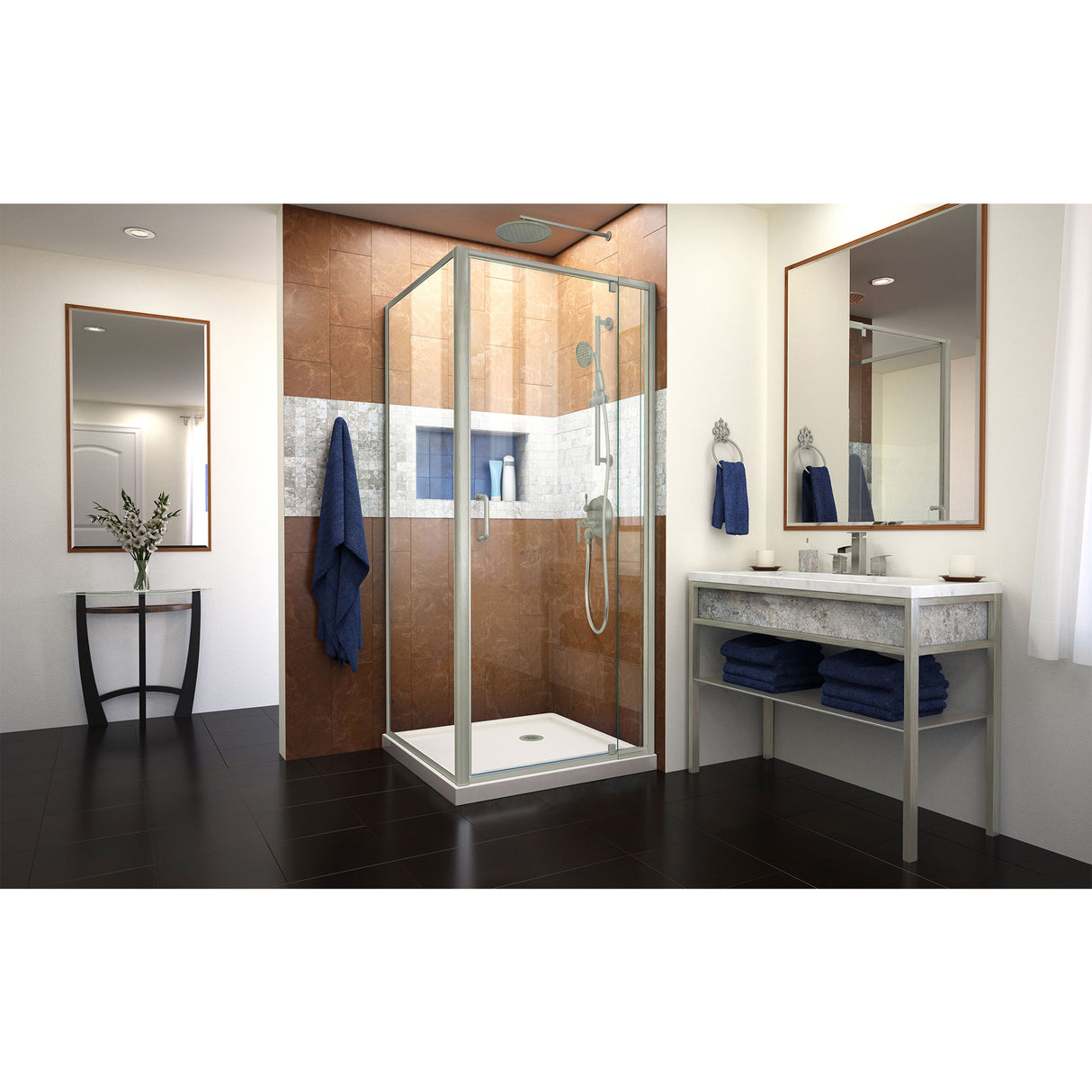 DreamLine Flex 36 in. D x 36 in. W x 74 3/4 in. H Semi-Frameless Pivot Shower Enclosure in Brushed Nickel and Biscuit Base Kit