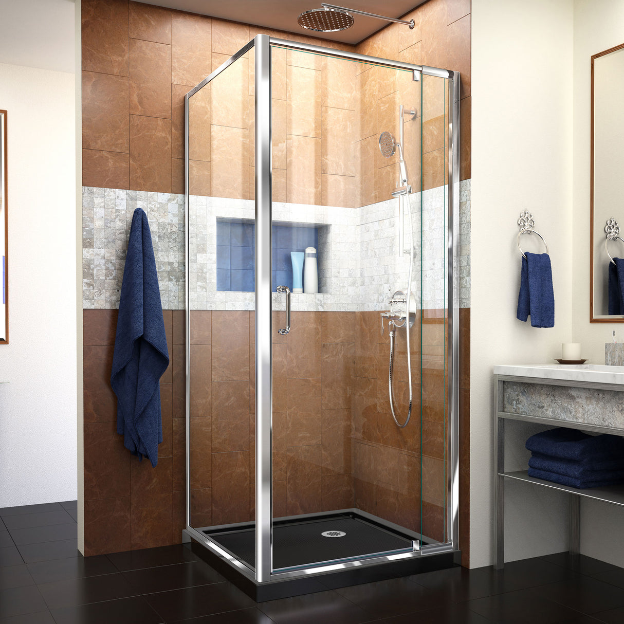 DreamLine Flex 36 in. D x 36 in. W x 74 3/4 in. H Semi-Frameless Pivot Shower Enclosure in Chrome with Corner Drain Black Base