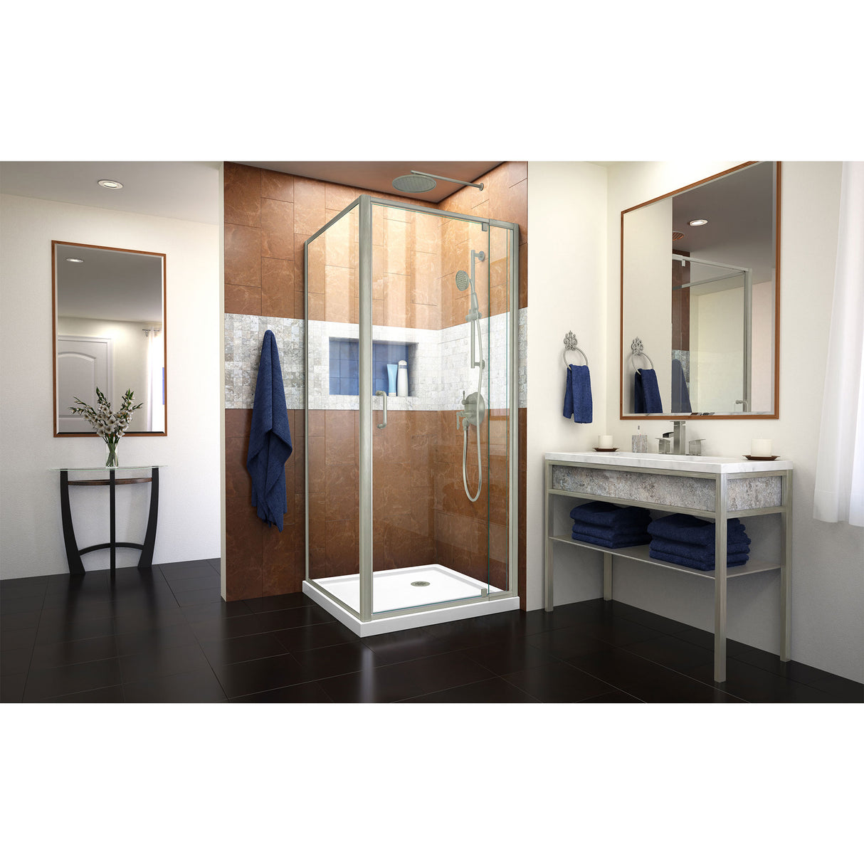 DreamLine Flex 32 in. D x 32 in. W x 74 3/4 in. H Semi-Frameless Pivot Shower Enclosure in Brushed Nickel and White Base Kit