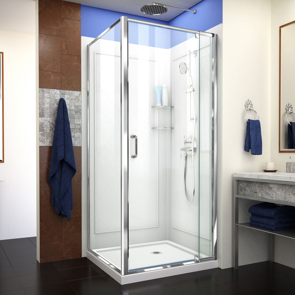 DreamLine Flex 32 in. D x 32 in. W x 76 3/4 in. H Semi-Frameless Shower Enclosure in Chrome with Corner Drain Base and Wall Kit