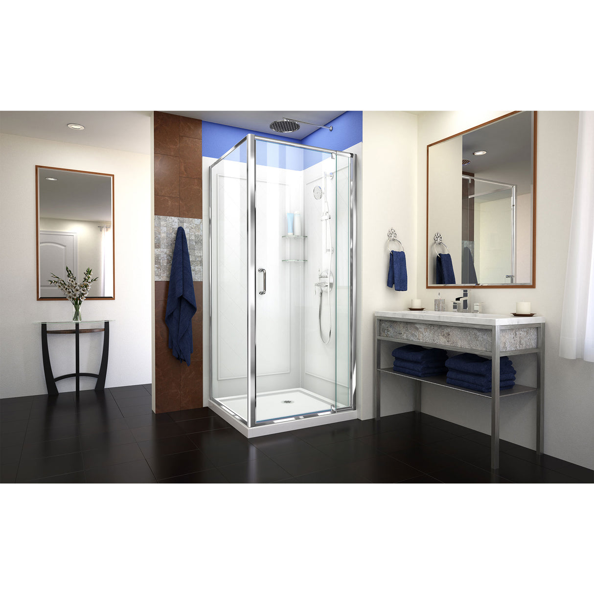 DreamLine Flex 32 in. D x 32 in. W x 76 3/4 in. H Semi-Frameless Shower Enclosure in Chrome with Corner Drain Base and Wall Kit
