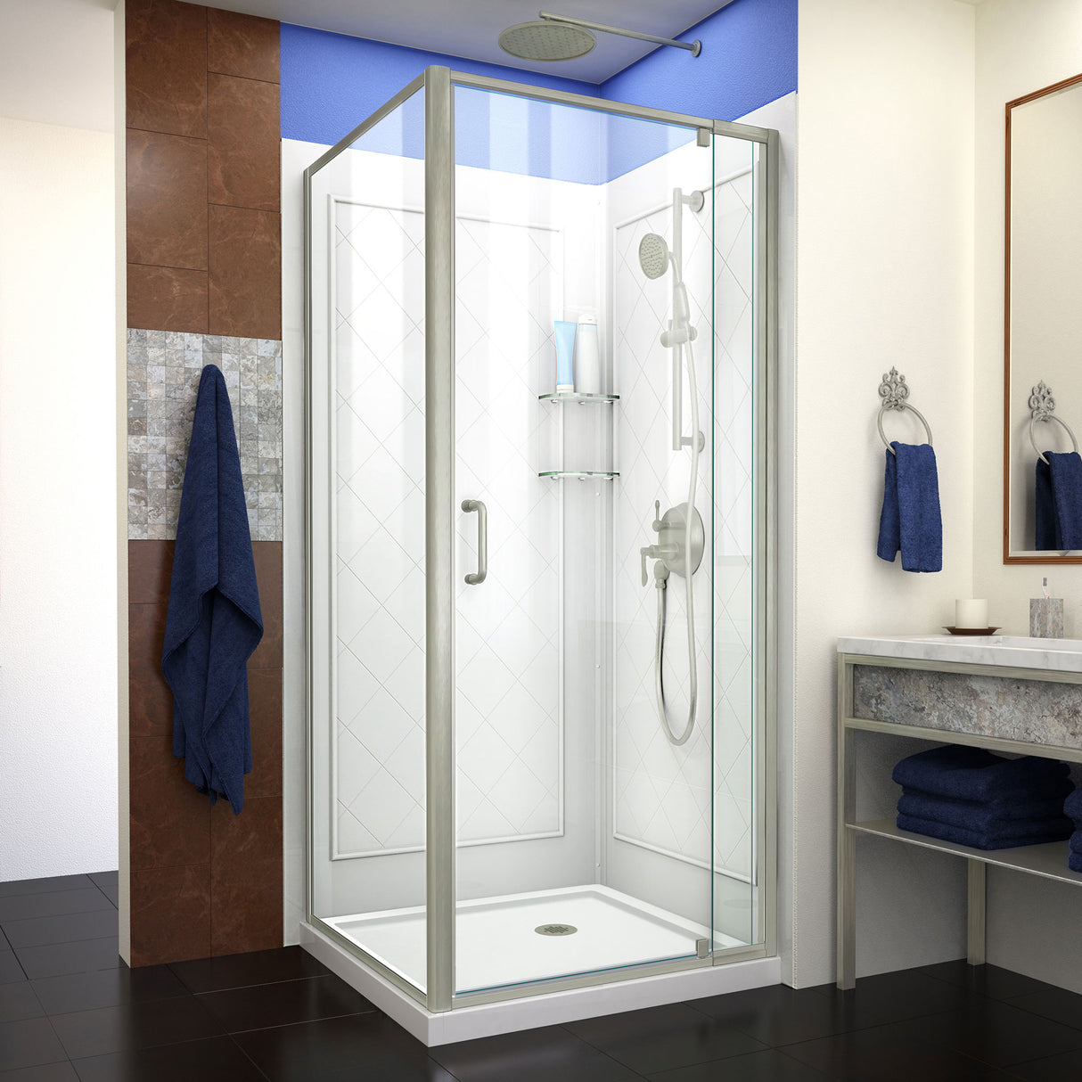 DreamLine Flex 36 in. D x 36 in. W x 76 3/4 in. H Semi-Frameless Shower Enclosure in Brushed Nickel with White Base and Wall Kit