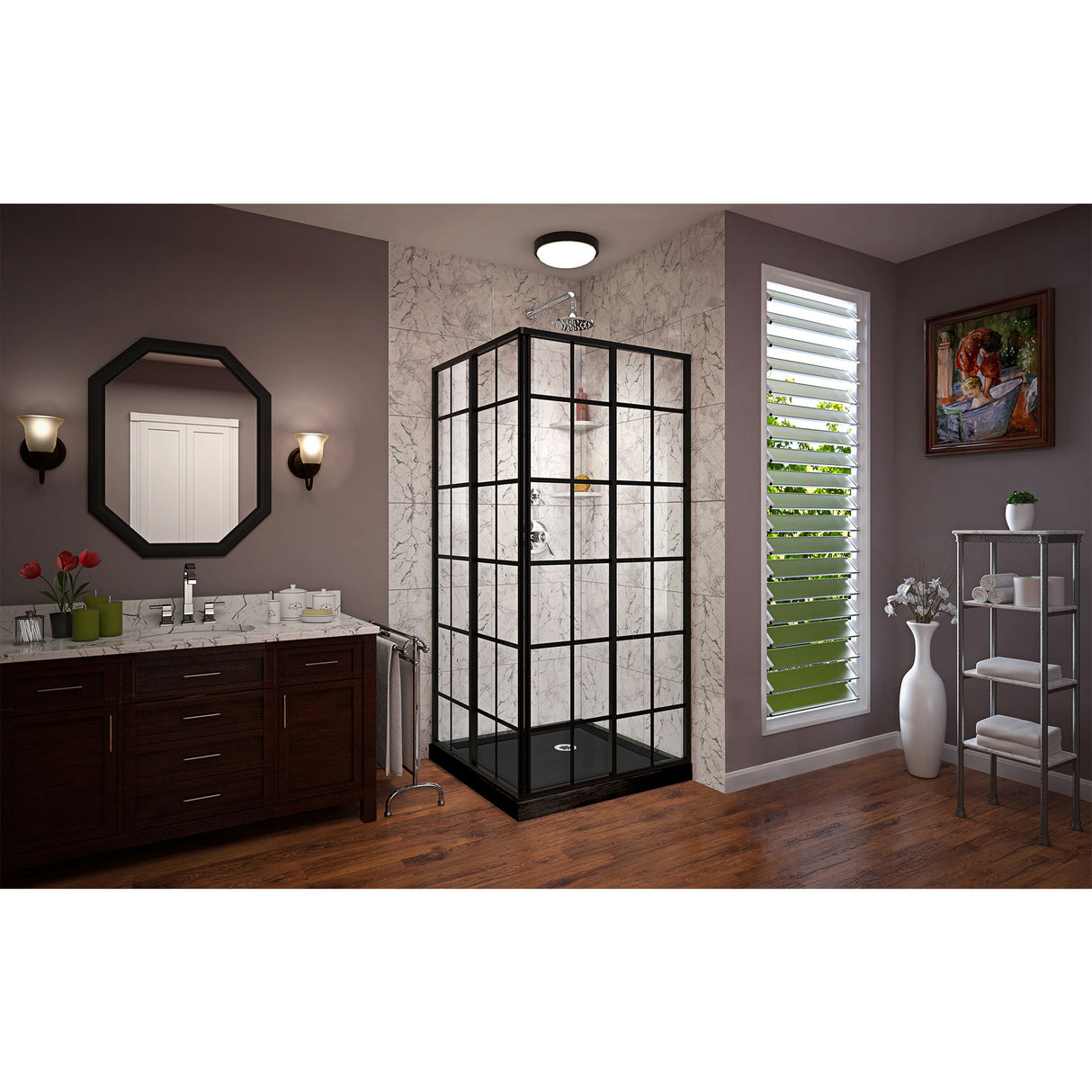 DreamLine French Corner 36 in. D x 36 in. W x 74 3/4 in. H Sliding Shower Enclosure in Satin Black and Corner Drain Black Base Kit