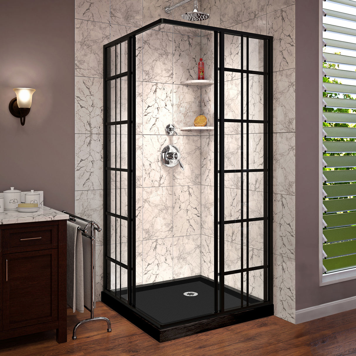 DreamLine French Corner 36 in. D x 36 in. W x 74 3/4 in. H Sliding Shower Enclosure in Satin Black and Corner Drain Black Base Kit
