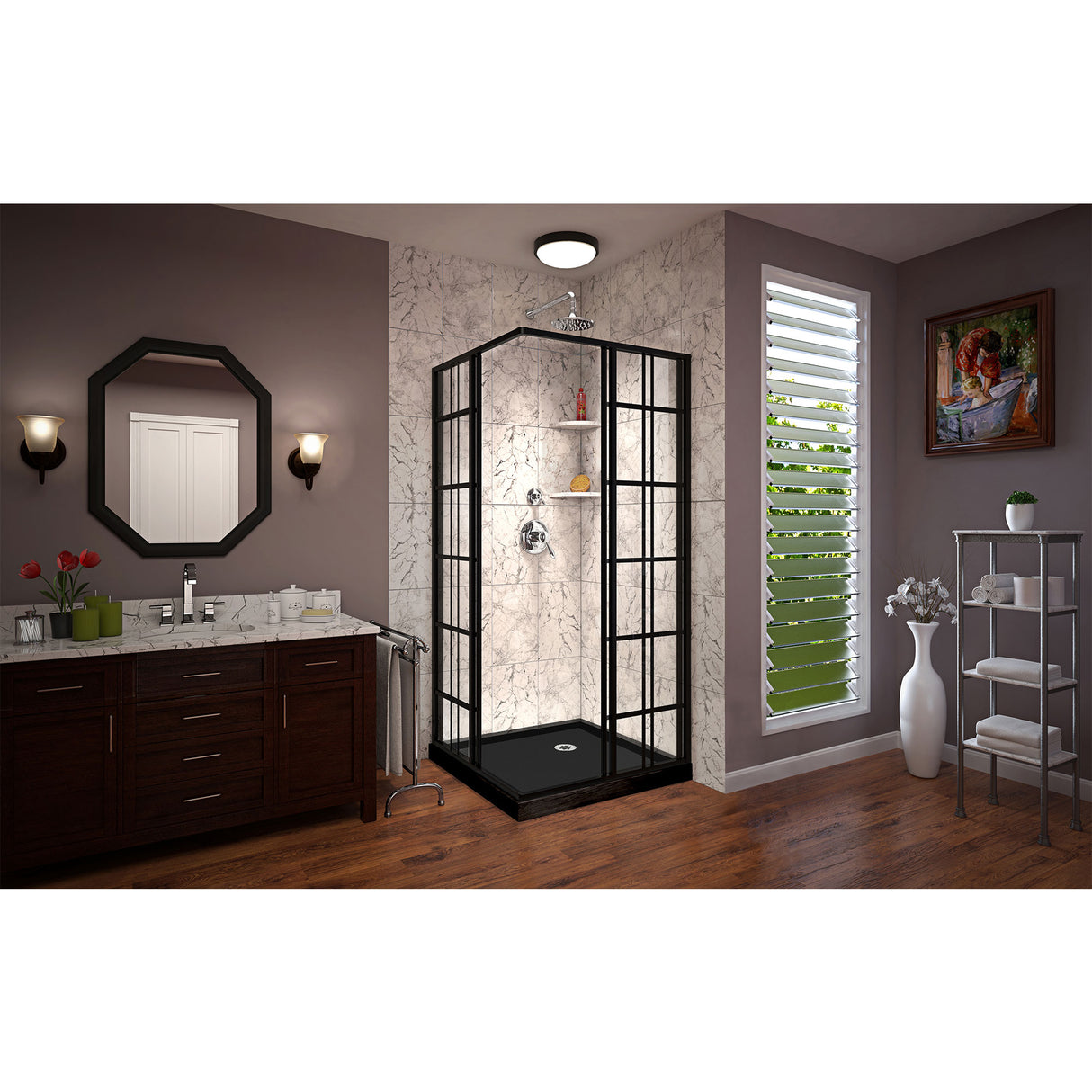 DreamLine French Corner 36 in. D x 36 in. W x 74 3/4 in. H Sliding Shower Enclosure in Satin Black and Corner Drain Black Base Kit