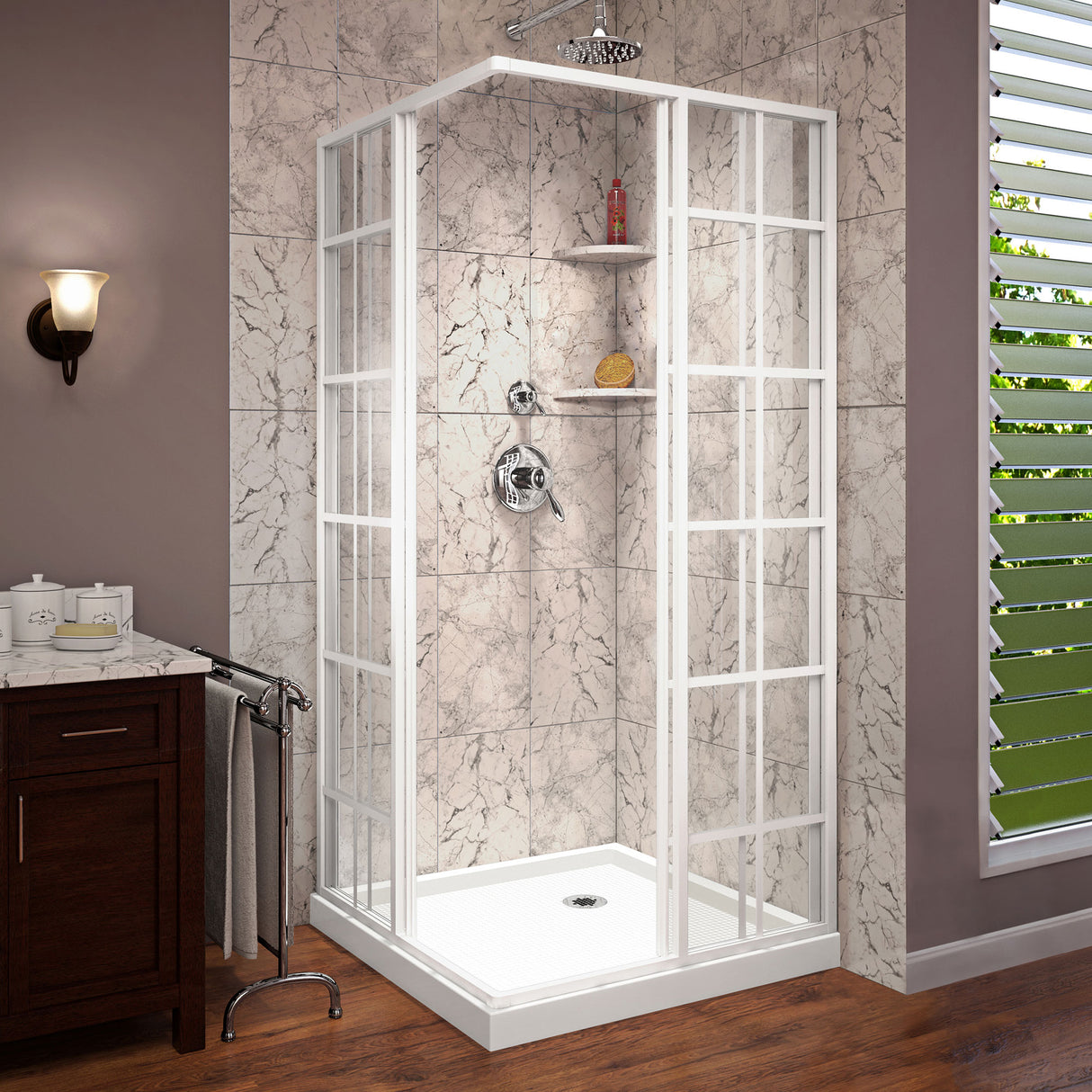 DreamLine French Corner 36 in. D x 36 in. W x 74 3/4 in. H Sliding Shower Enclosure in White and Corner Drain White Base Kit