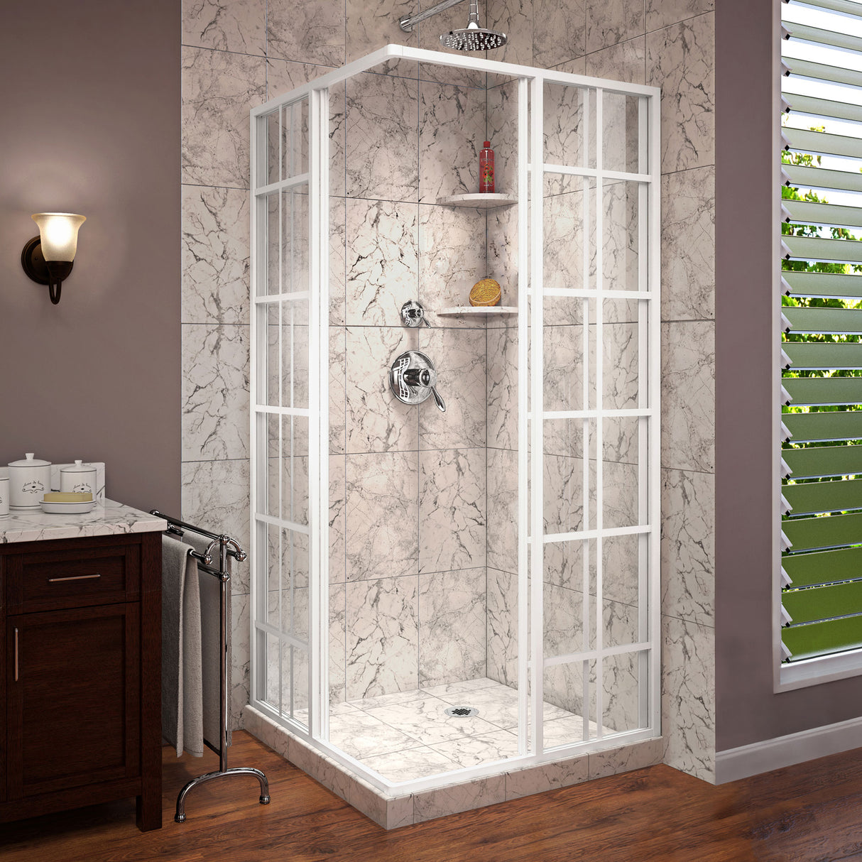 DreamLine French Corner 34 1/2 in. D x 34 1/2 in. W x 72 in. H Framed Sliding Shower Enclosure in White