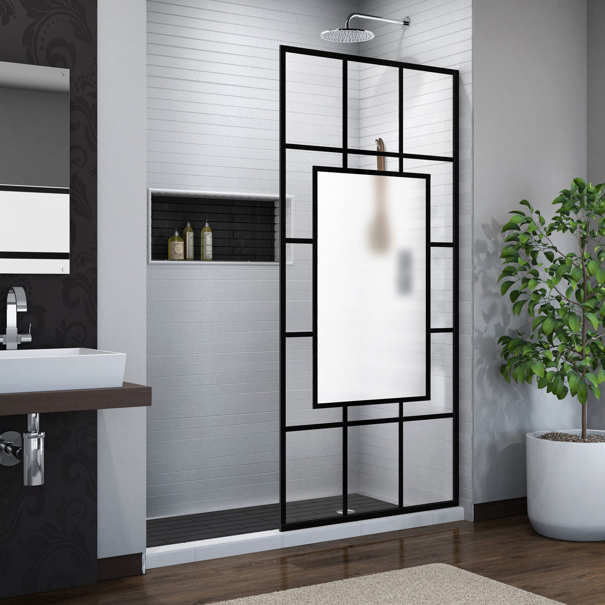 DreamLine French Linea Avignon 34 in. W x 72 in. H Single Panel Frameless Shower Door, Open Entry Design in Satin Black