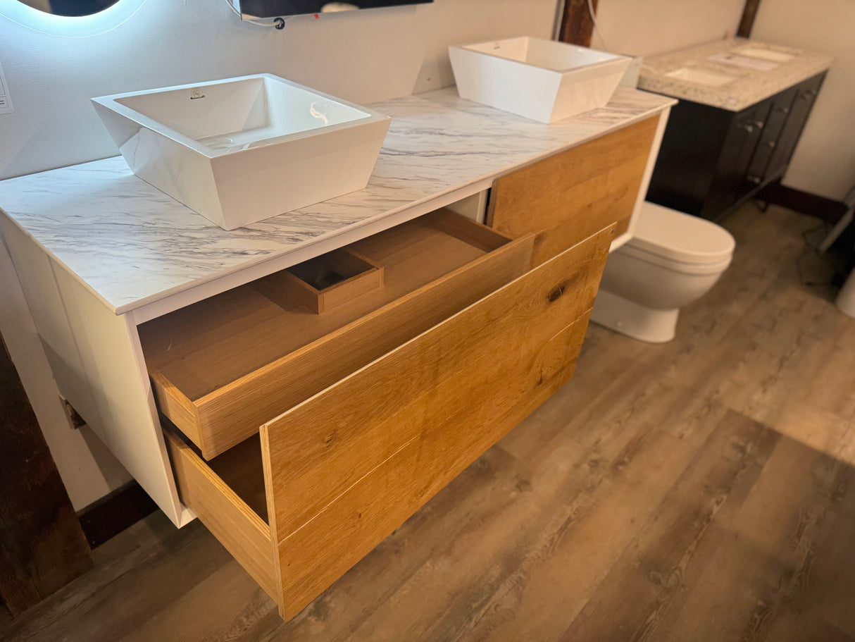 72" Modern Sleek Wall-Mount Vanity Set with White Vanity Top and Two Solid Surface Vessel Sinks