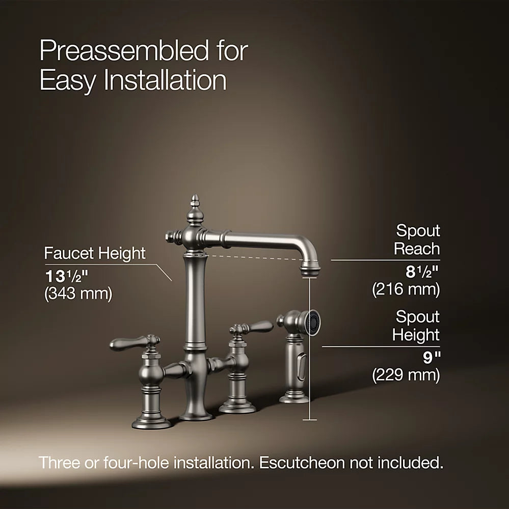 Kohler 76519-4-VS K-76519-4-VS Artifacts Deck-Mount Bridge Kitchen Sink Faucet with Lever Handles and sidespray Vibrant Stainless
