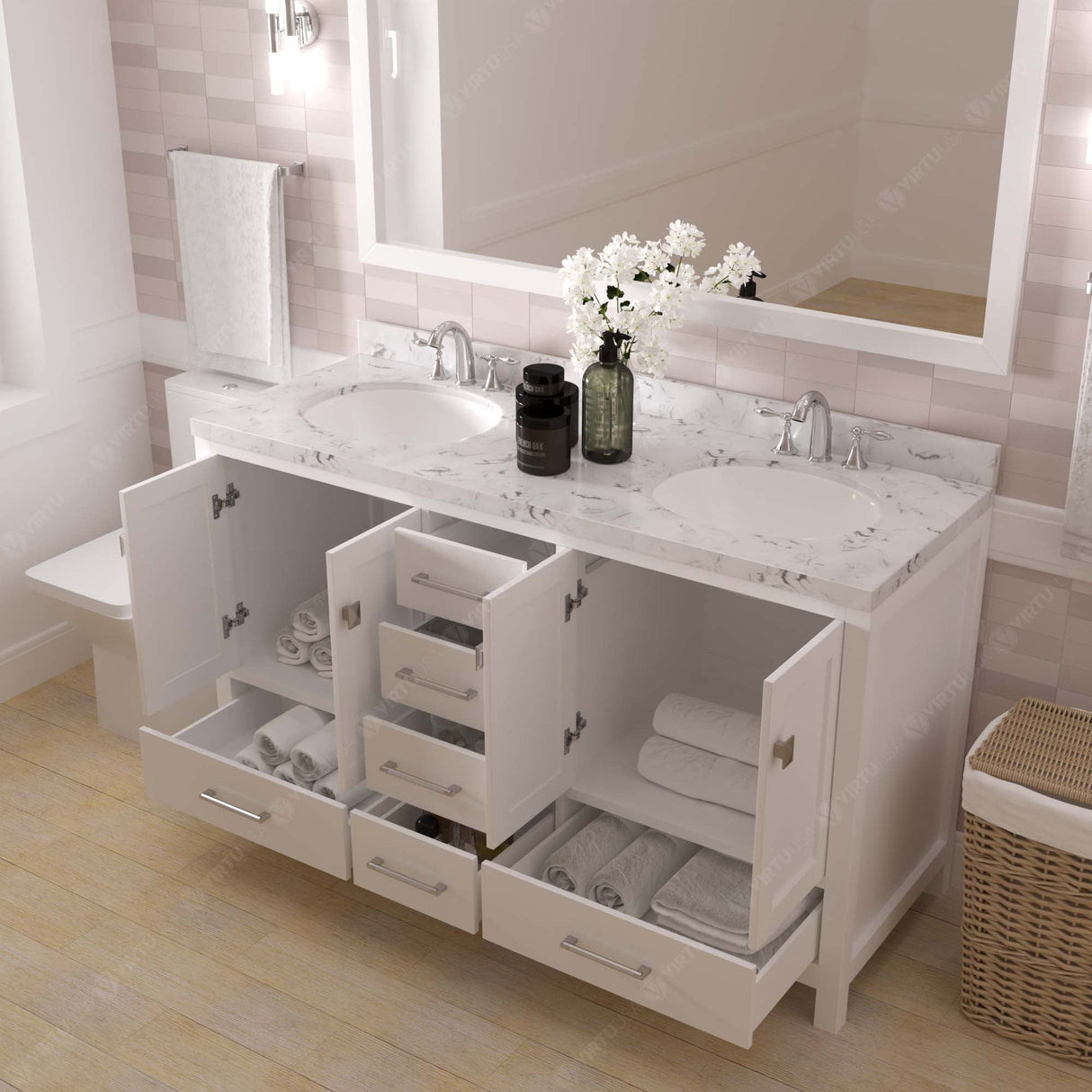 Virtu USA Caroline Avenue 60" Double Bath Vanity with White Quartz Top and Round Sinks with Matching Mirror