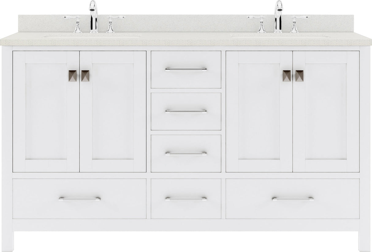 Virtu USA Caroline Avenue 60" Double Bath Vanity with Dazzle White Quartz Top and Round Sinks with Brushed Nickel Faucets with Matching Mirror