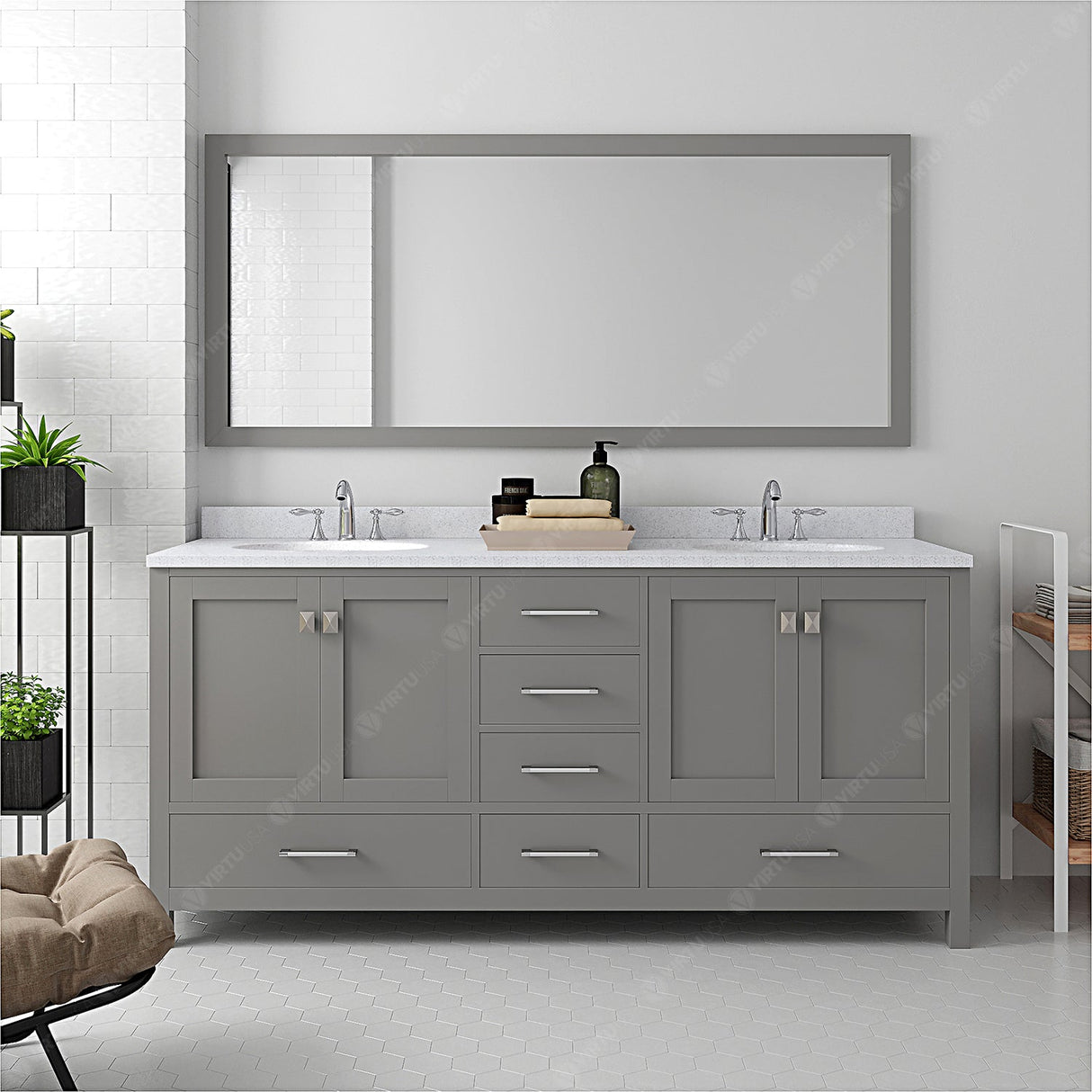 Virtu USA Caroline Avenue 72" Double Bath Vanity with Dazzle White Quartz Top and Round Sinks with Matching Mirror
