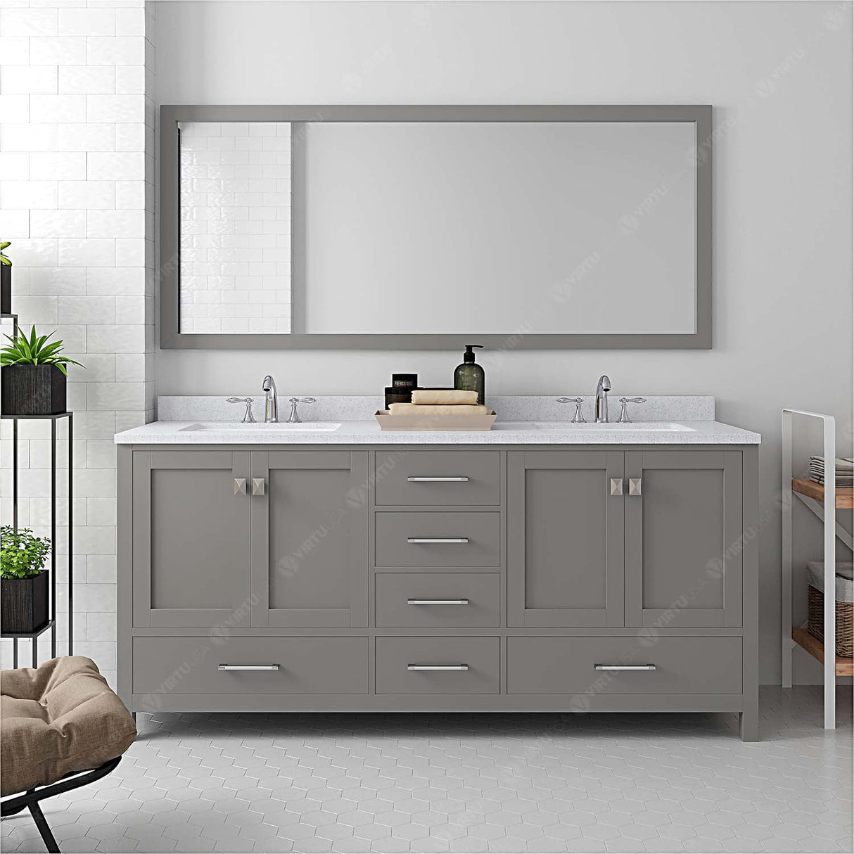 Virtu USA Caroline Avenue 72" Double Bath Vanity with Dazzle White Quartz Top and Square Sinks with Polished Chrome Faucets with Matching Mirror