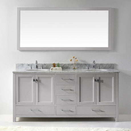 Virtu USA Caroline Avenue 72" Double Bath Vanity with White Marble Top and Round Sinks with Brushed Nickel Faucets with Matching Mirror