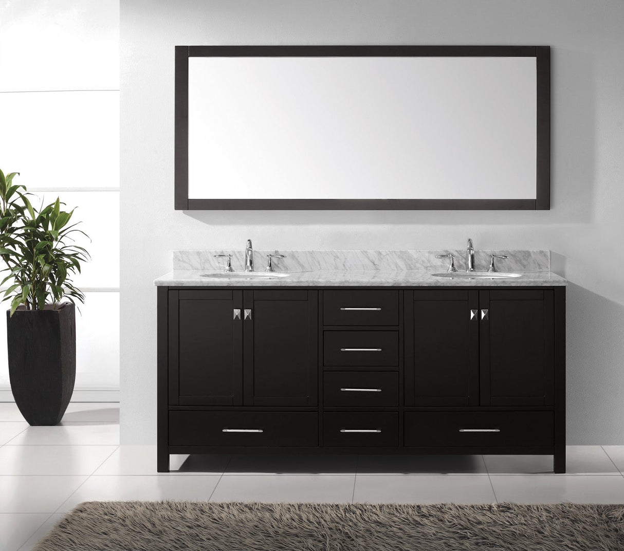 Virtu USA Caroline Avenue 72" Double Bath Vanity with White Marble Top and Round Sinks with Brushed Nickel Faucets with Matching Mirror